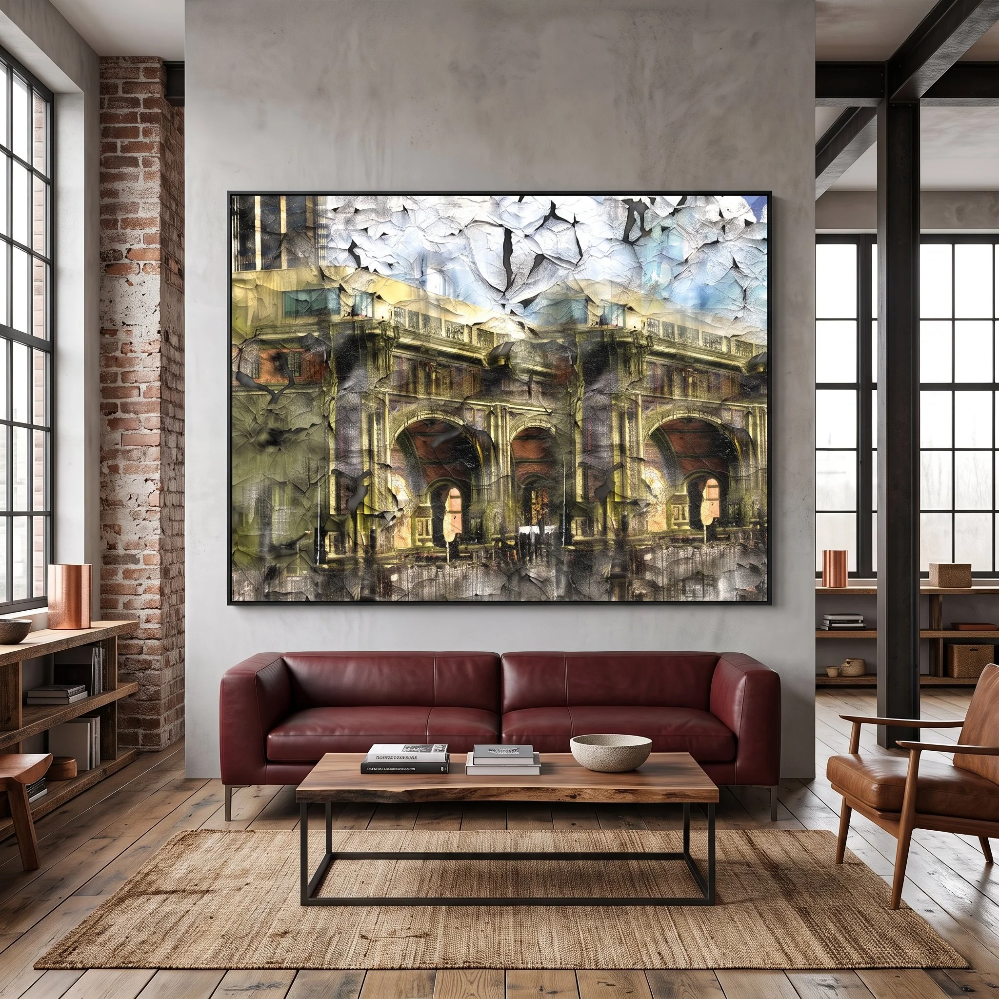Large-format fine art print hanging on a concrete accent wall in a modern industrial living room with a burgundy sofa, wood flooring, and exposed brick