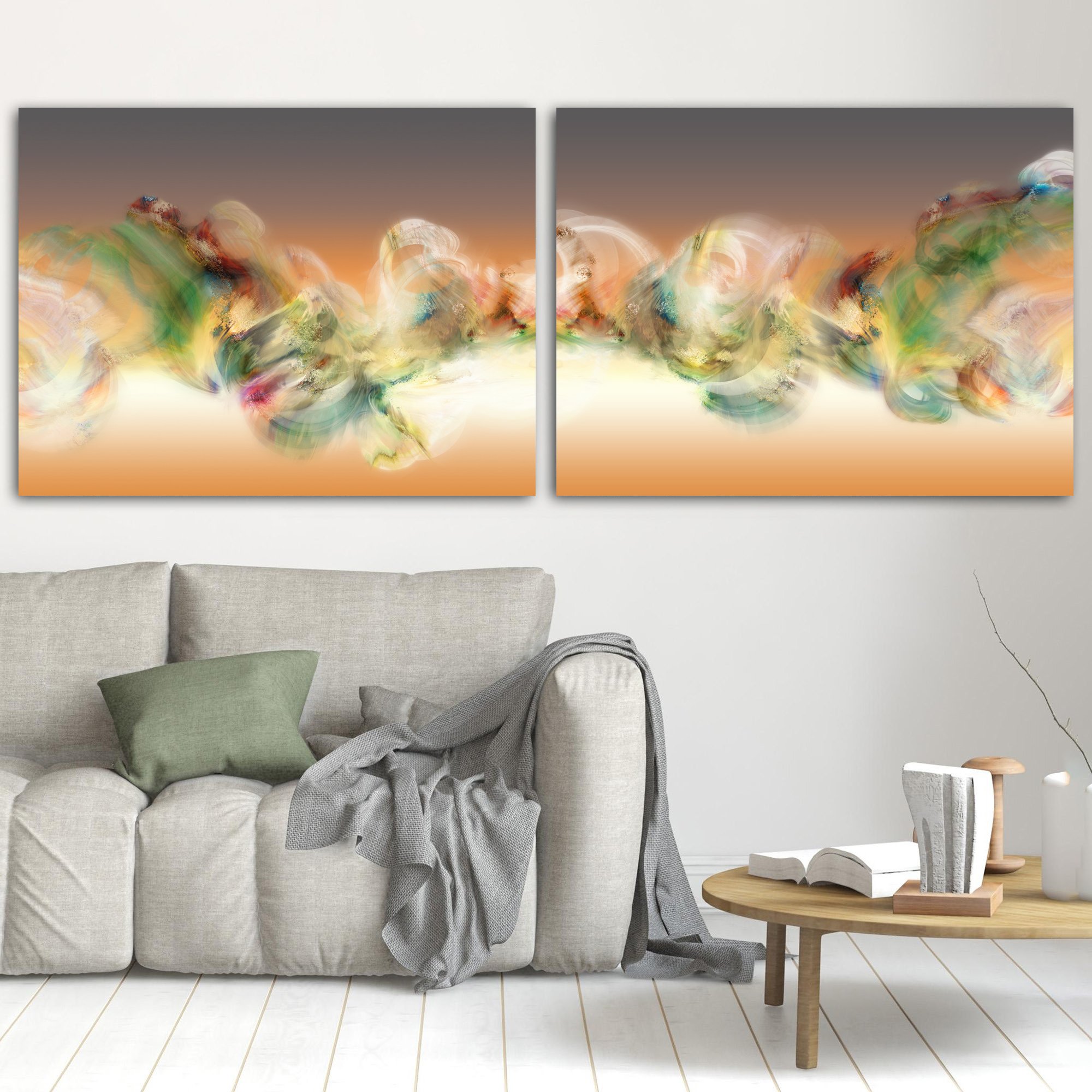 Abstract diptych with swirling smoke patterns and organic textures in green, cream, and ocher over a terracotta and grey background, framed and ready to hang. In living room