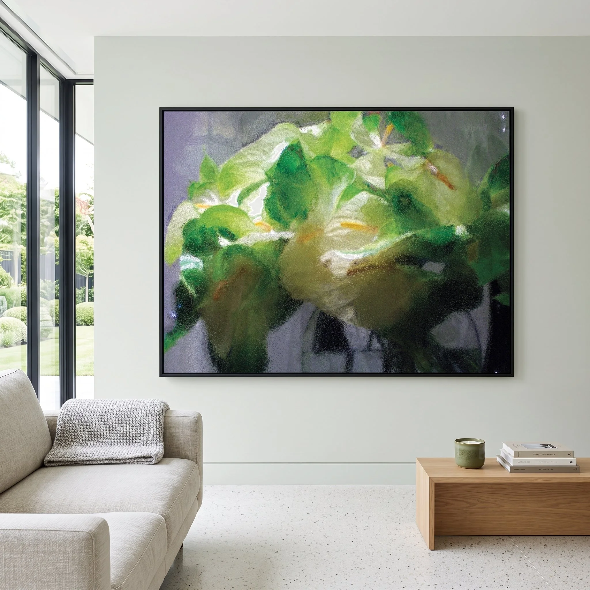 Large canvas art with a green and white floral abstract design hanging in a bright, minimalist room featuring a beige sofa, wooden coffee table, and a garden view.