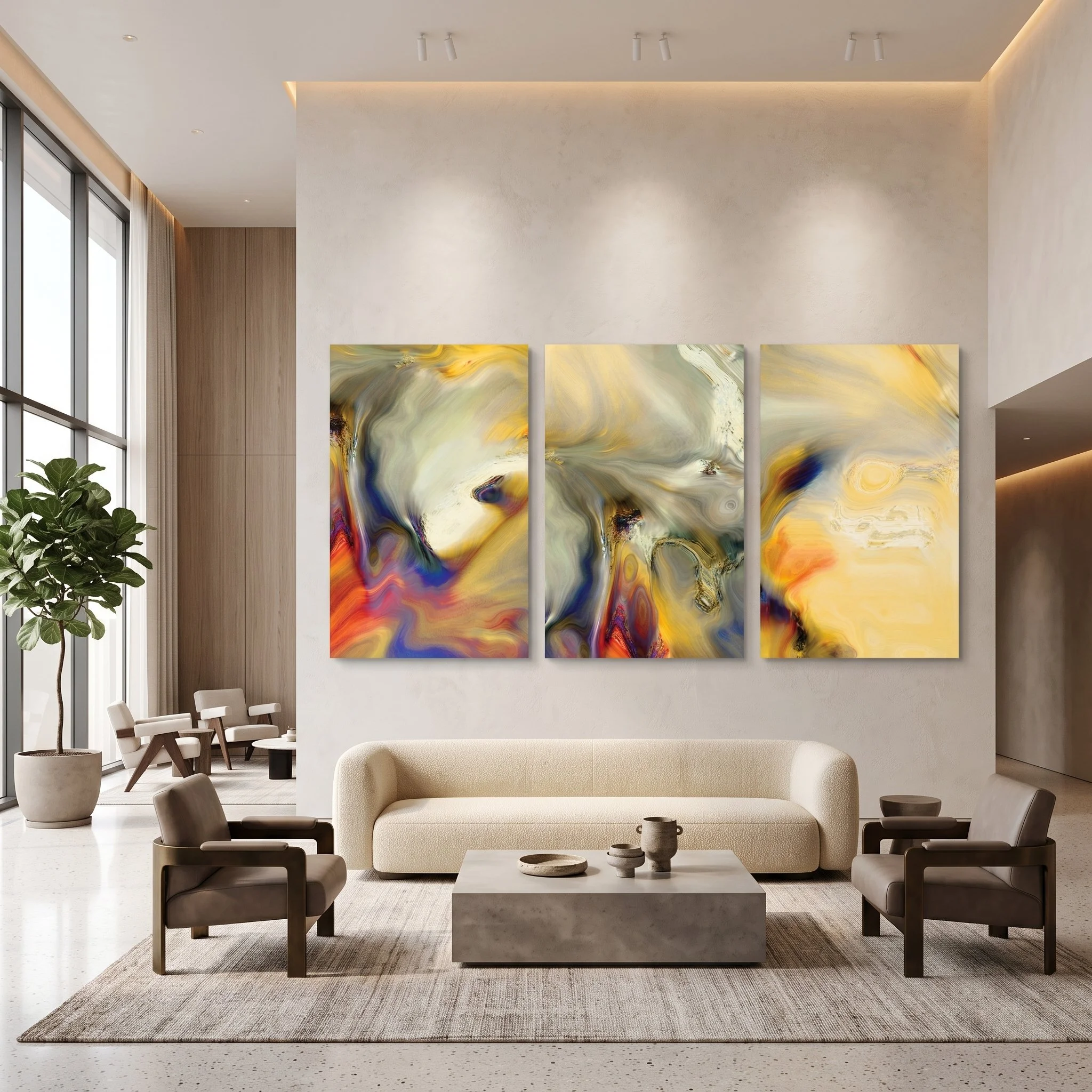 Yellow and blue abstract art triptych on the wall of a double-height lobby featuring a curved beige sofa, wooden armchairs, and floor-to-ceiling windows.