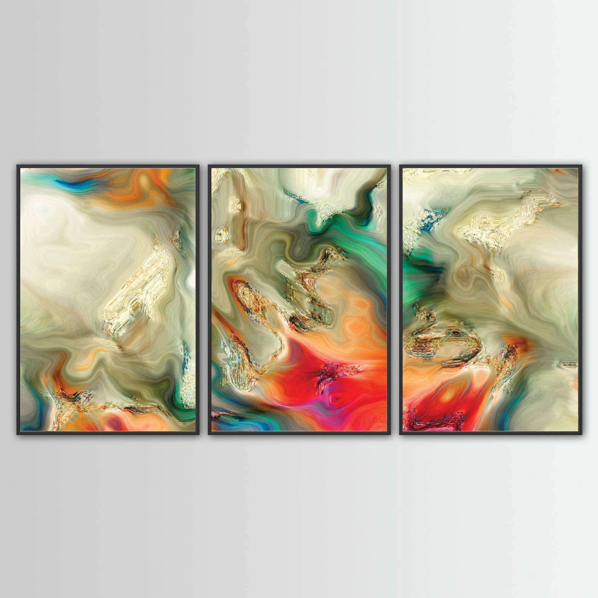Abstract fine art triptych with liquid textures in earth tones, cream, and sage green, red and orange with metallic accents, framed and ready to hang. With black frame