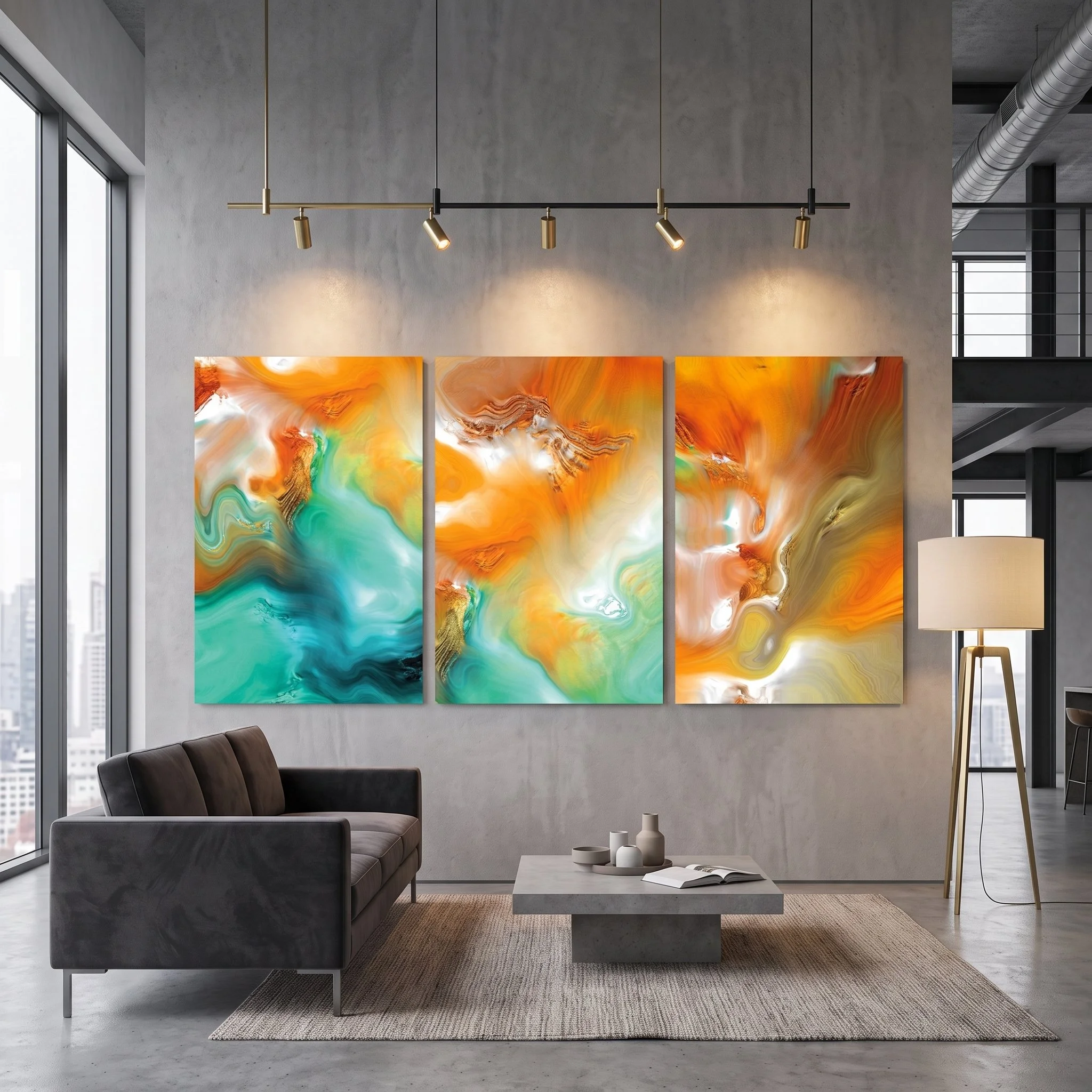 Orange and turquoise abstract art triptych on a concrete wall inside an industrial loft featuring a gray sofa, a floor lamp, and gold track lights.