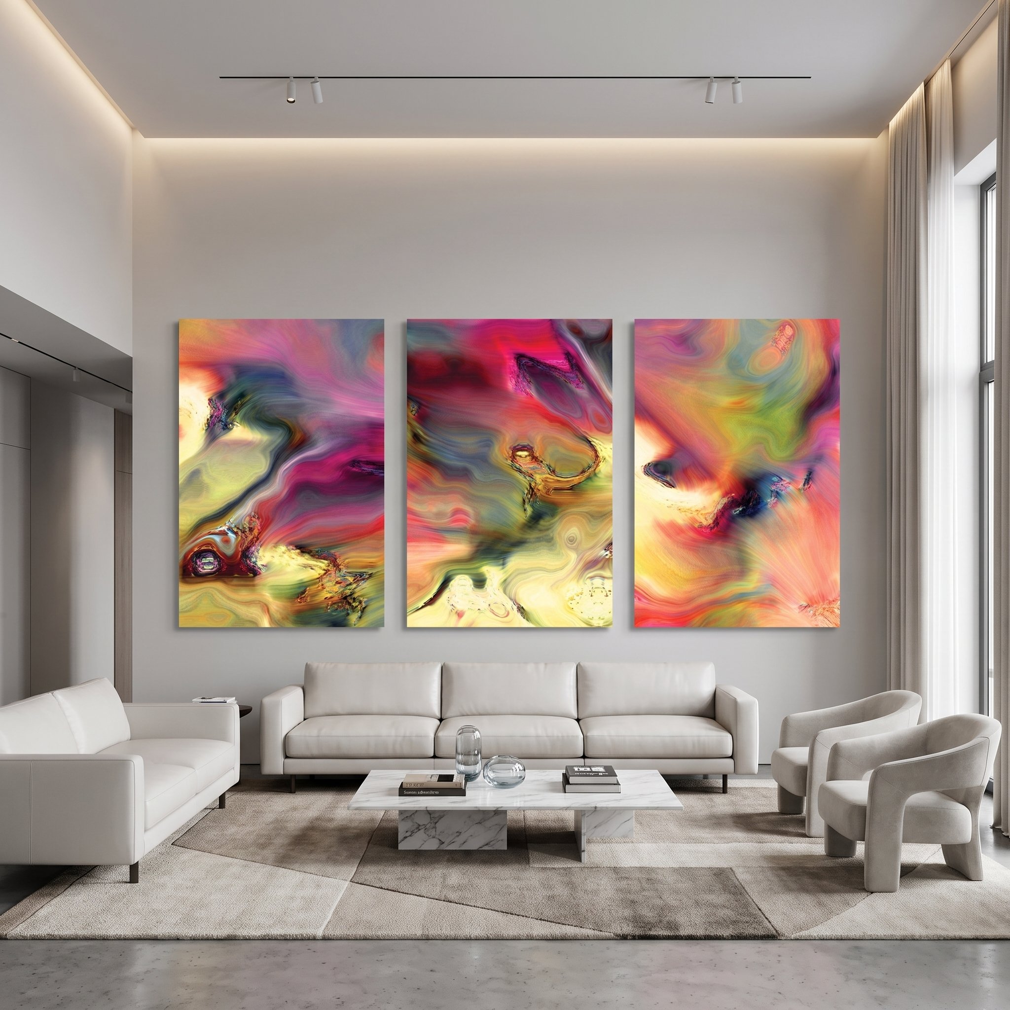 Colorful abstract art triptych on the wall of a luxury living room featuring beige sofas, modern designer armchairs, a marble coffee table, and a geometric rug.