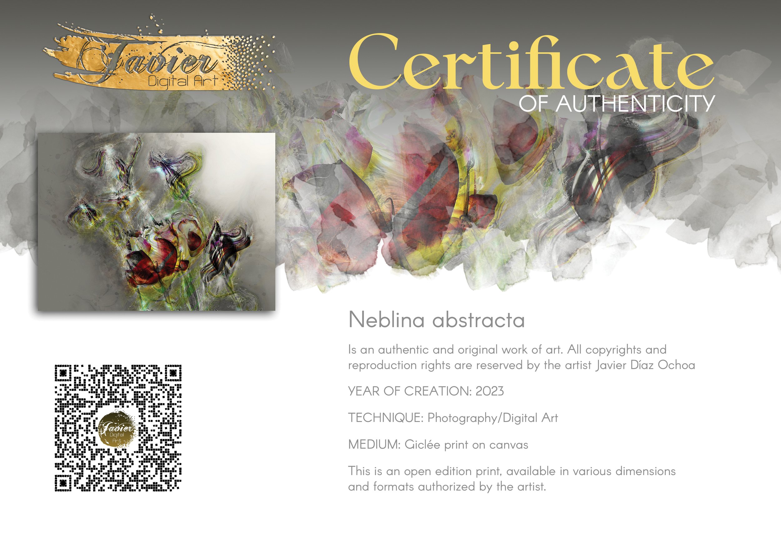 Ethereal abstract fine art print featuring highly textured glowing floral shapes in deep red and green tones against a soft grey background, framed and ready to hang. Certificate of Authenticity