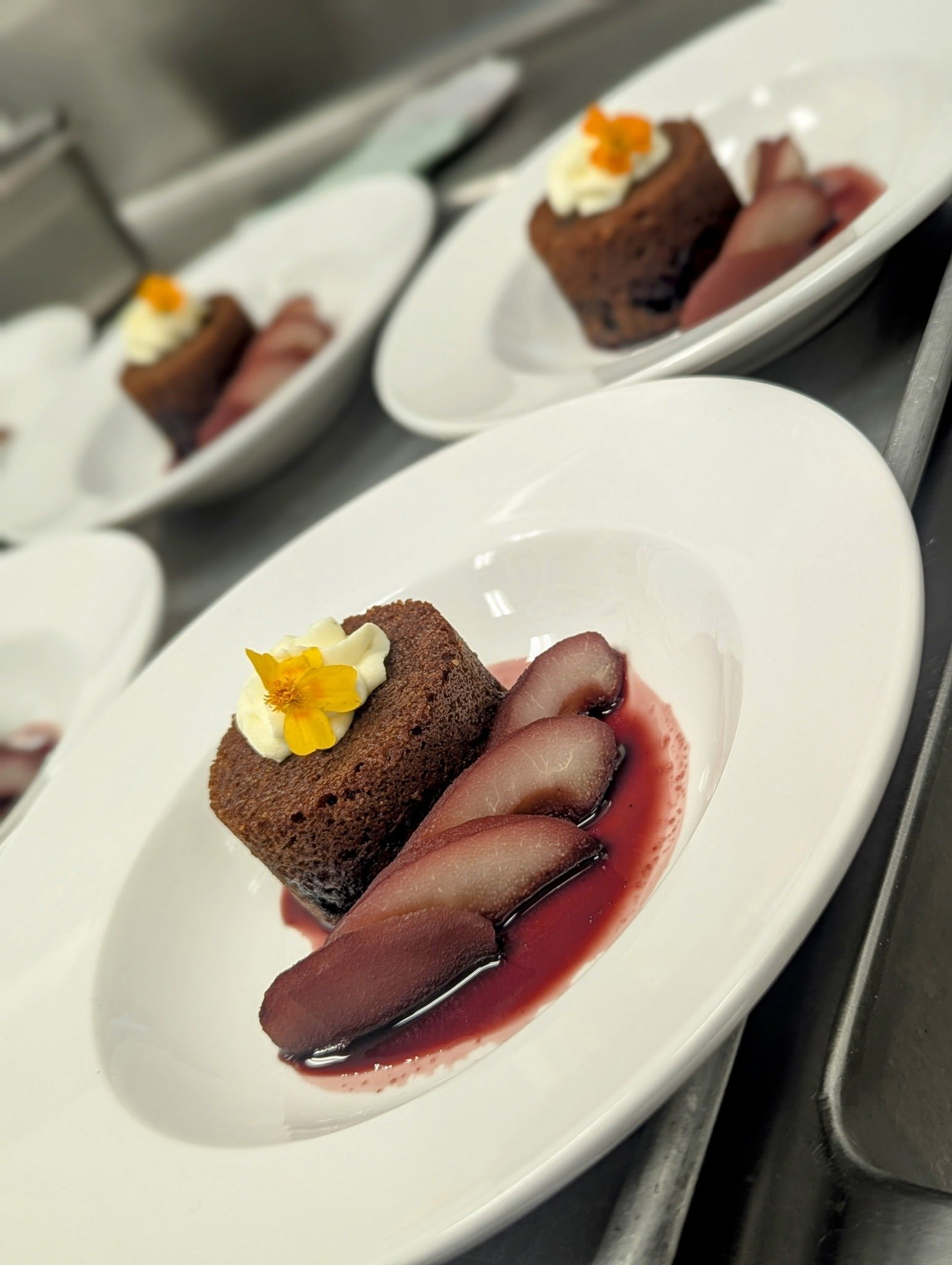 Ginger bread spiced cake with Poached Pears and Mascarpone Mousse