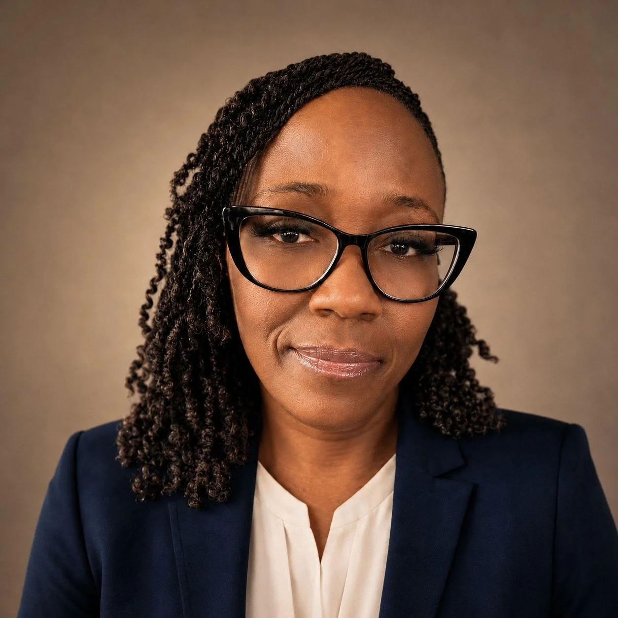 A woman with dark skin, wearing glasses, a navy blazer, and a white blouse, looking at the camera with a neutral expression, against a plain background.
