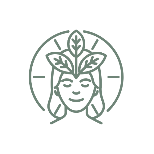 Illustration of a smiling woman with a leafy plant on her head, framed by a circular outline.