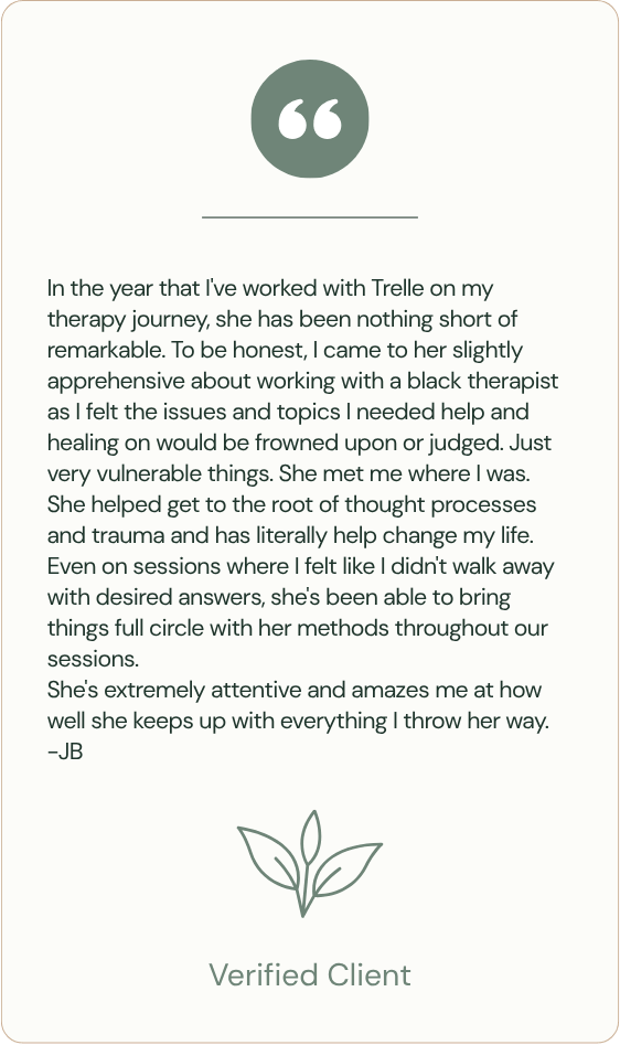 Testimonial quote from a verified client about working with a therapist named Trelle, praising her attentiveness, effectiveness, and impact on the client's life, with a simple leaf graphic at the bottom.