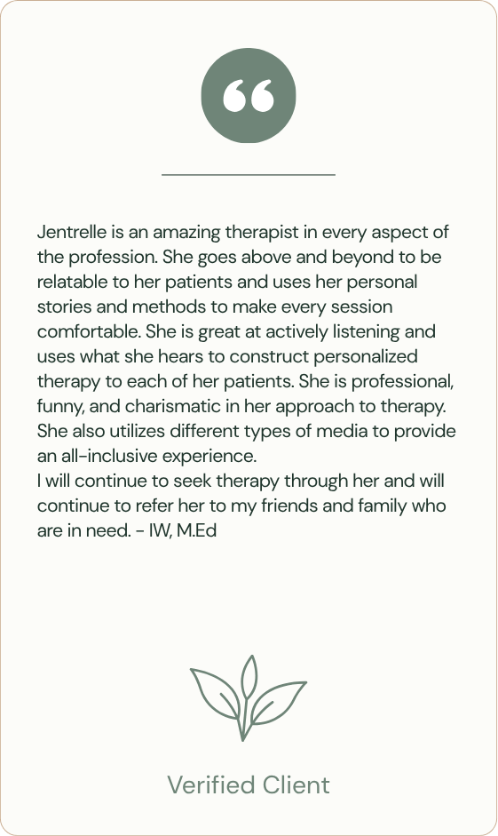 Testimonial about therapist Jentrelle, describing her as professional, personable, and effective, with a verified client label and leaf icon at the bottom.