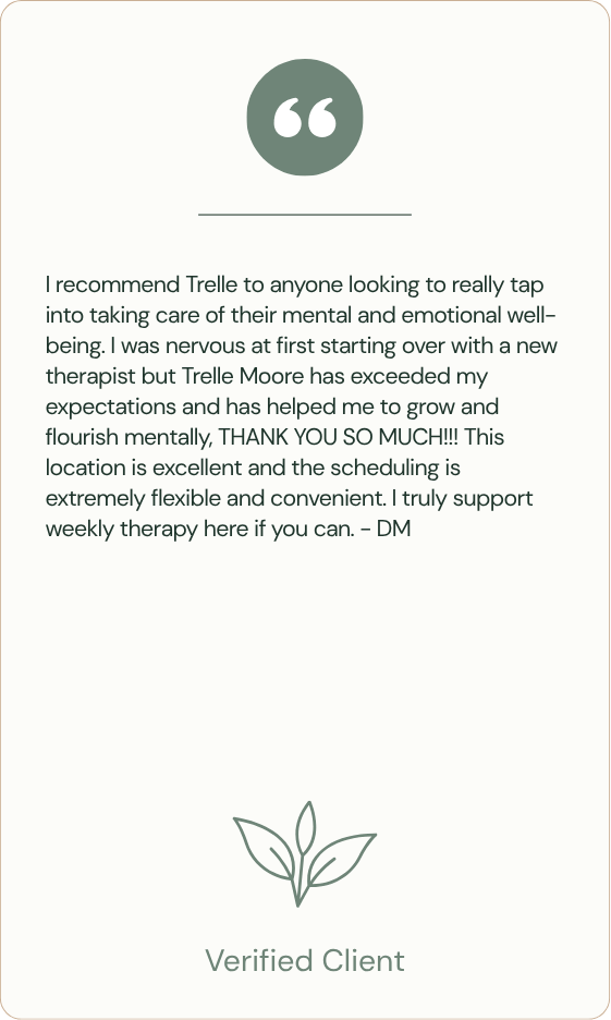 Testimonial from a verified client recommending Trelle for mental and emotional well-being, praising the flexible scheduling and effective therapy.