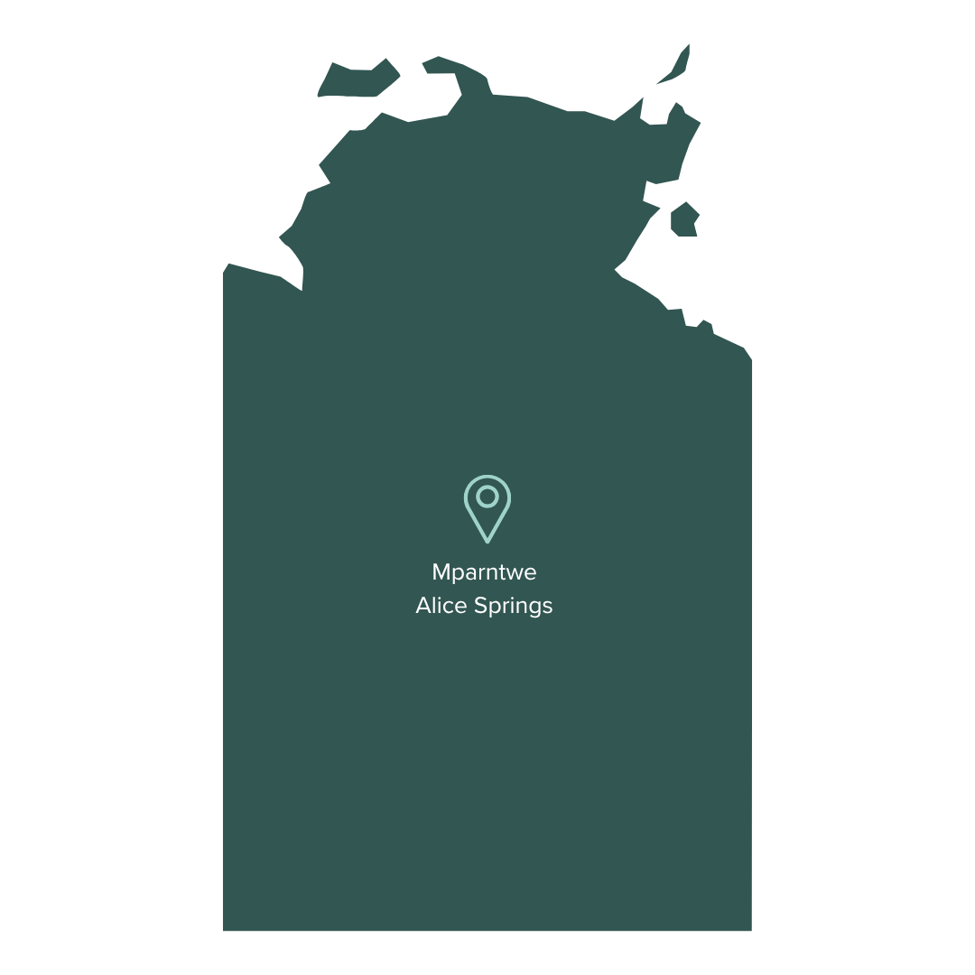 Map highlighting Alice Springs in Northern Territory, Australia, with a marker indicating Mparntwe, also known as Alice Springs.
