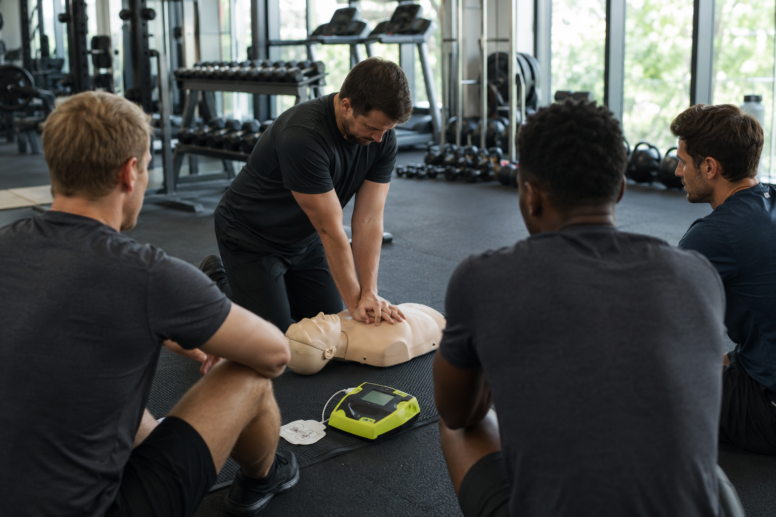 A man performs CPR on a training mannequin while four others observe in a gym setting.