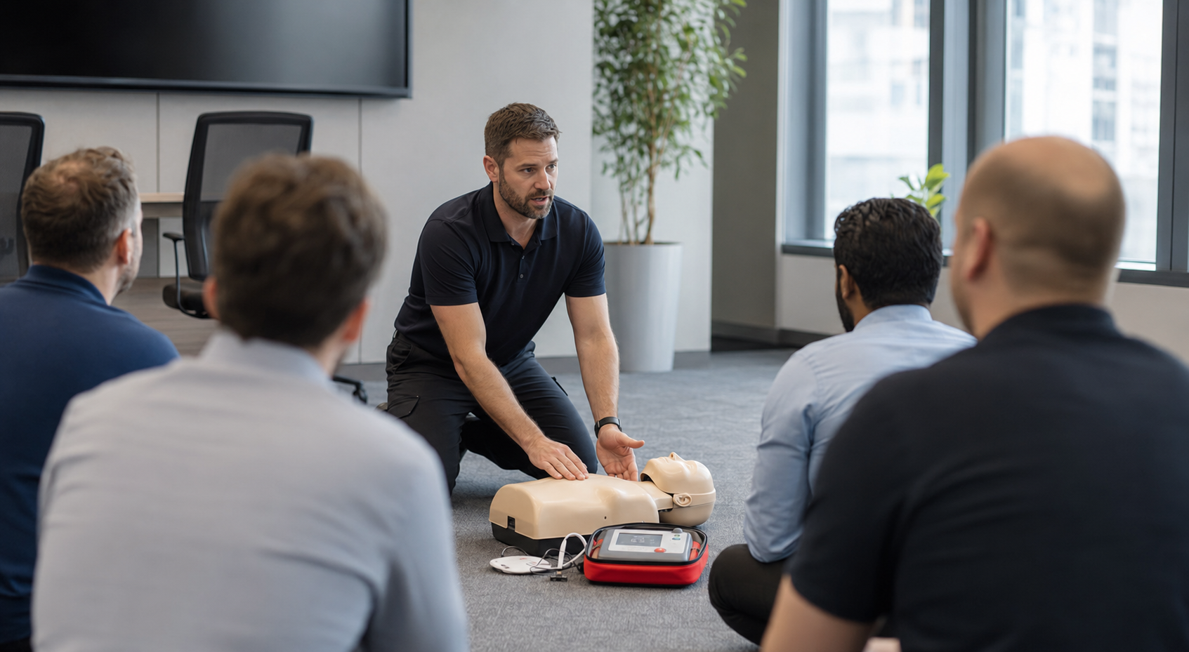 Man giving CPR training using a dummy to a group of four seated men in a modern office setting.