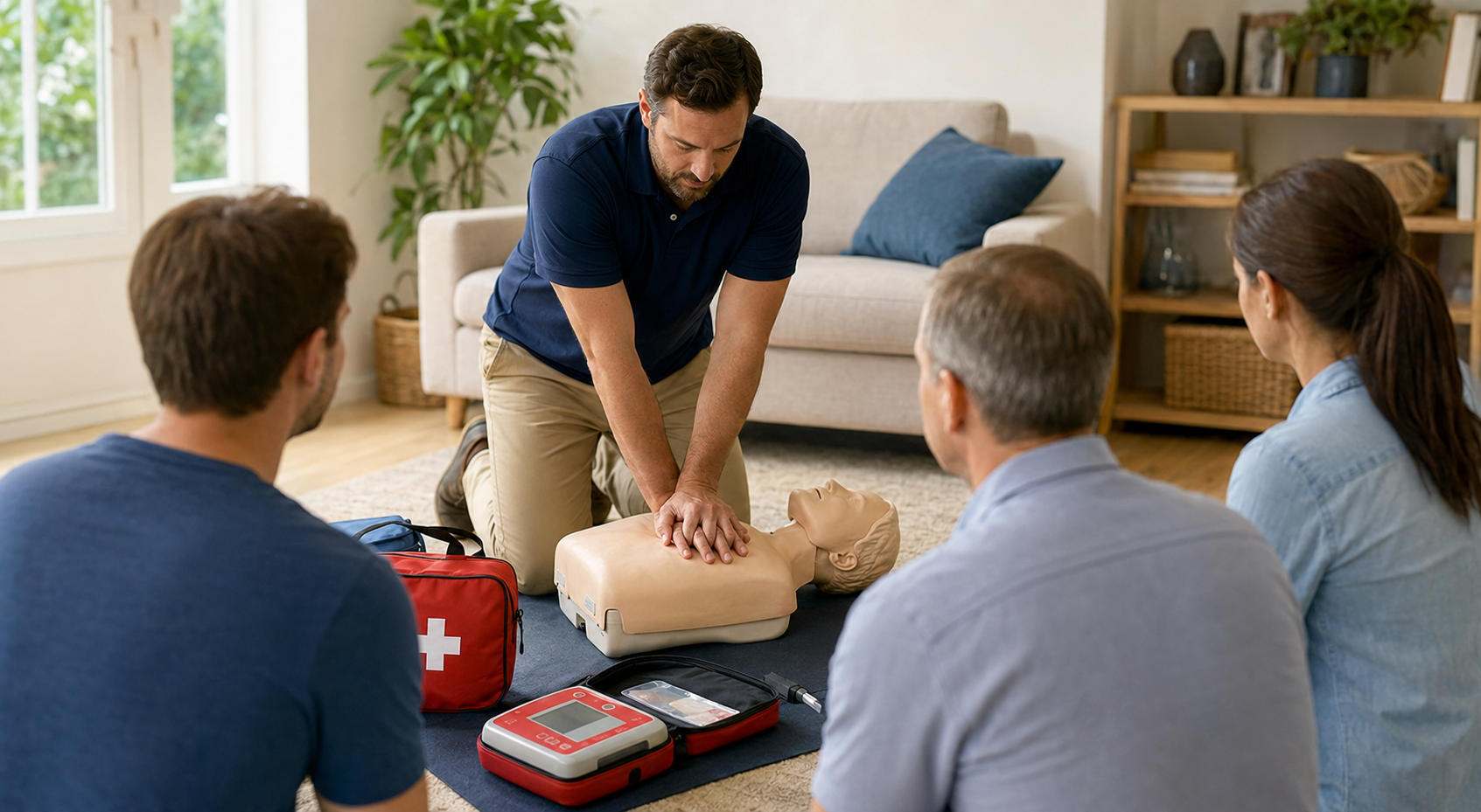A man demonstrates CPR on a medical training mannequin while four people observe; medical equipment such as an AED and a first aid kit are nearby, indoors in a living room setting.
