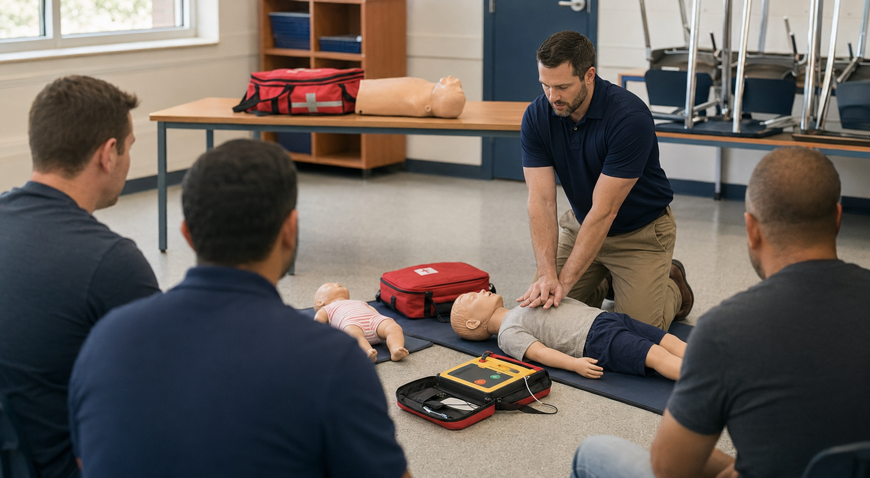 An instructor demonstrating CPR on a mannequin during a first aid training session with three men seated around watching.