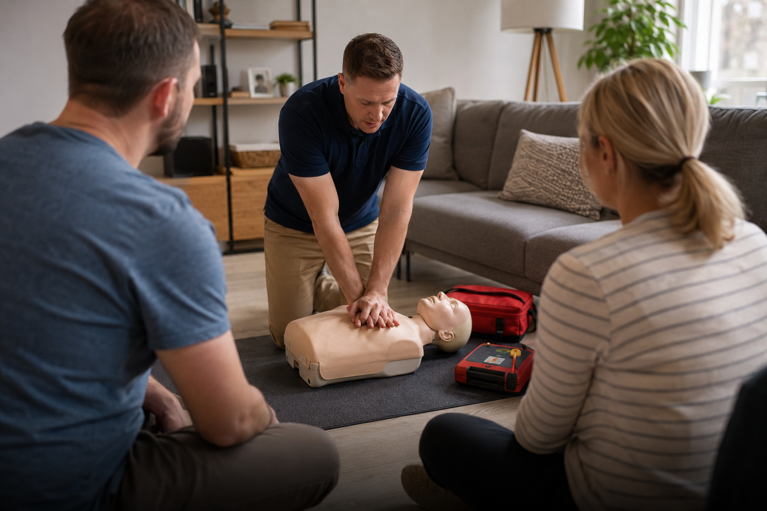 A man demonstrating CPR on a training manikin while three people observe, in a living room setting with a couch, bookshelf, and large windows.