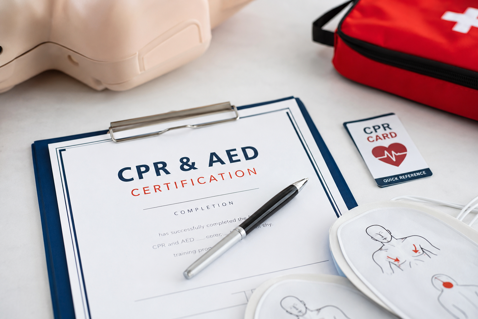 CPR and AED training certification on a clipboard with a pen, surrounded by an AED trainer model, CPR quick reference card, medical supplies, and a red emergency bag.