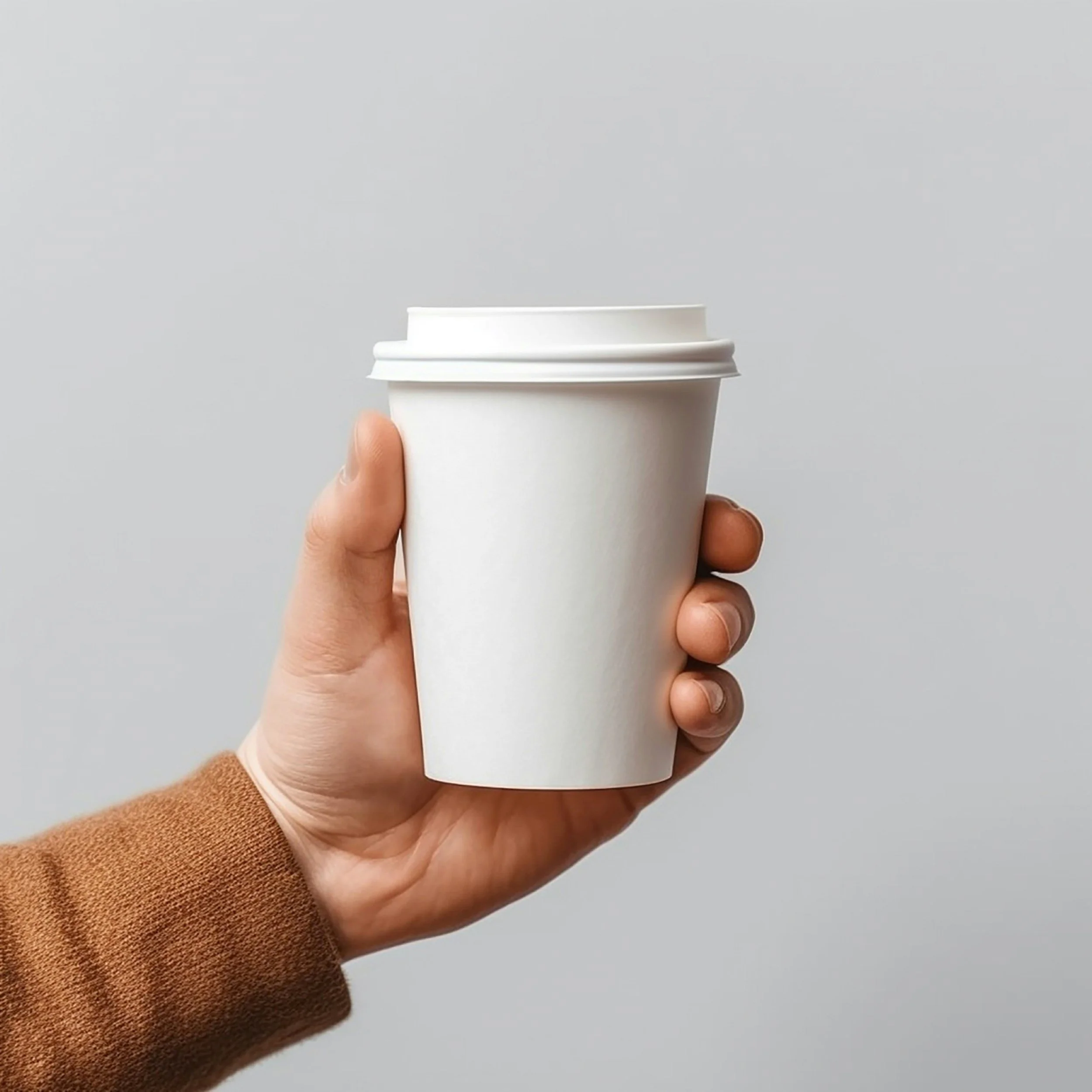 Person holding a plain white disposable coffee cup against a light gray background.