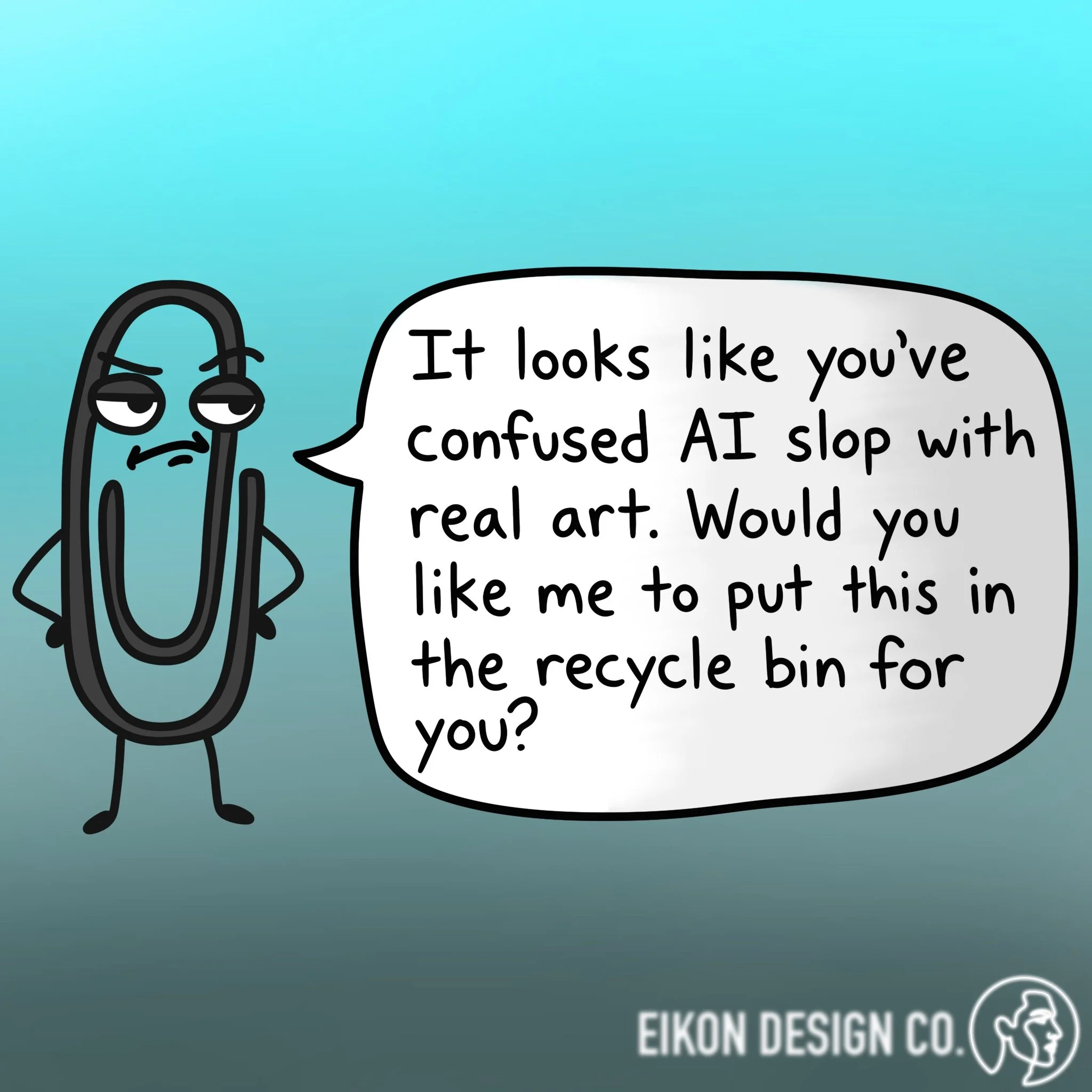 A cartoon illustration of a jealous pair of pliers with a speech bubble saying, 'It looks like you've confused AI slop with real art. Would you like me to put this in the recycle bin for you?'