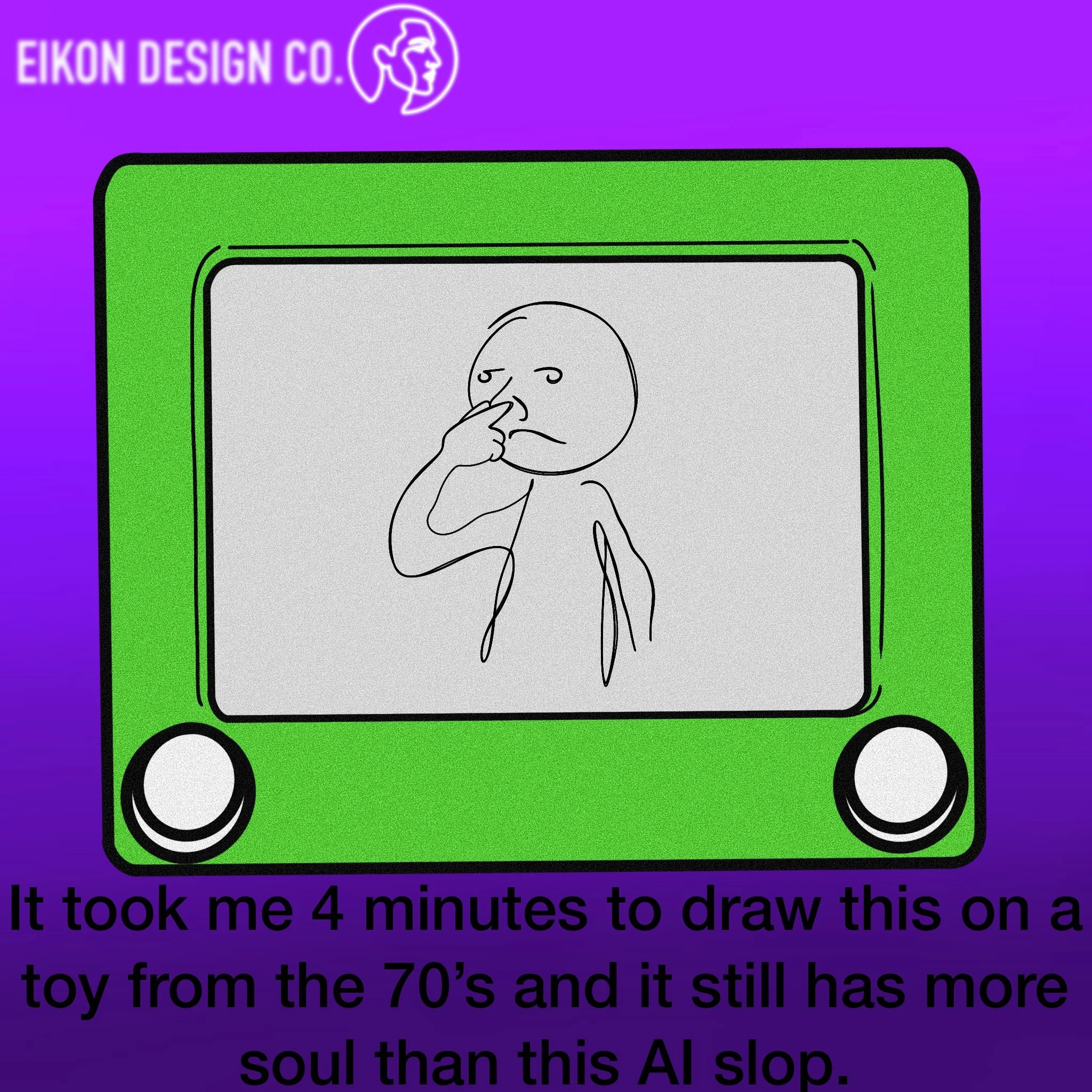 A drawing of a person on a green toy truck, holding their nose.