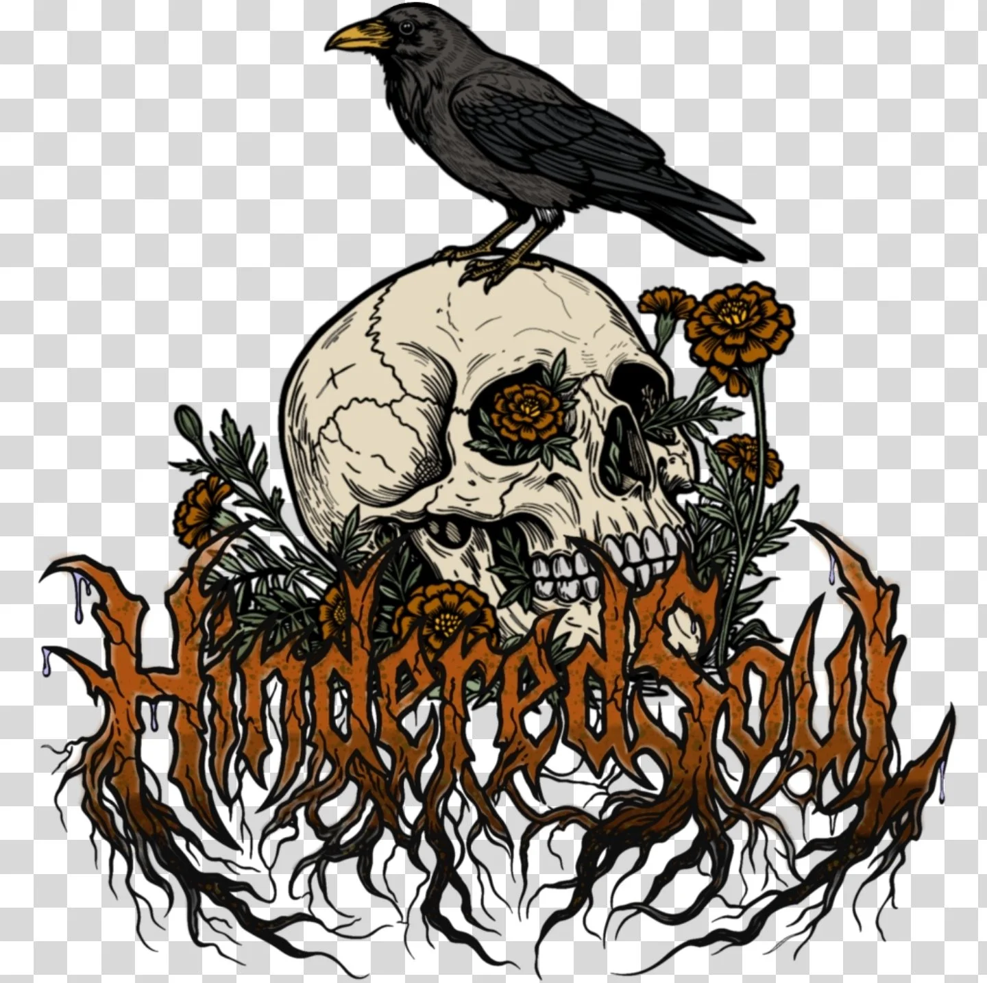 A black crow perched on a human skull surrounded by orange flowers and green foliage, with roots and branches extending downward.