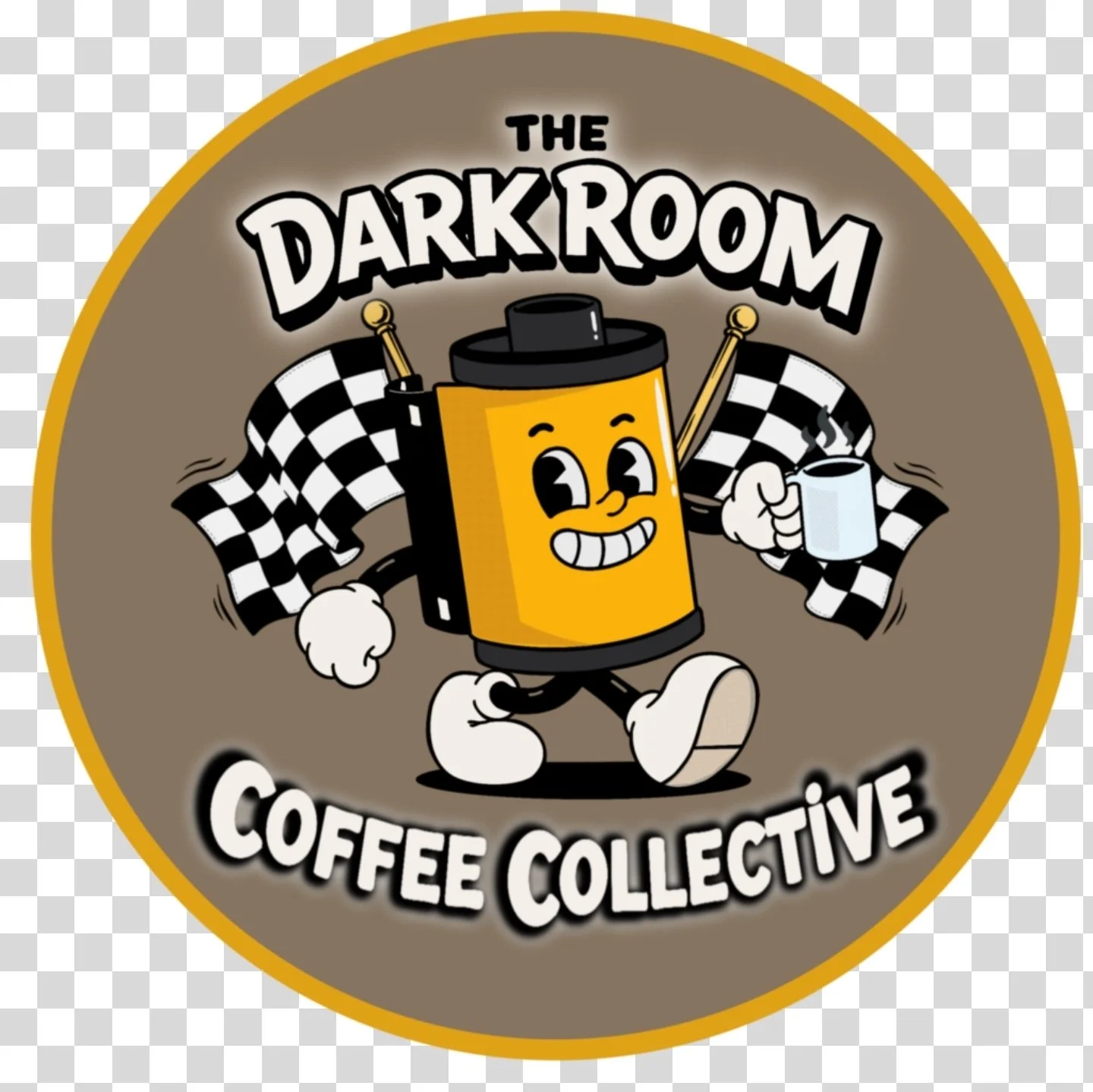 A cartoon coffee mug character with a smiling face, black hat, and checkered scarf, holding a coffee mug in one hand, walking inside a circular logo with the text 'The Darkroom Coffee Collective'.