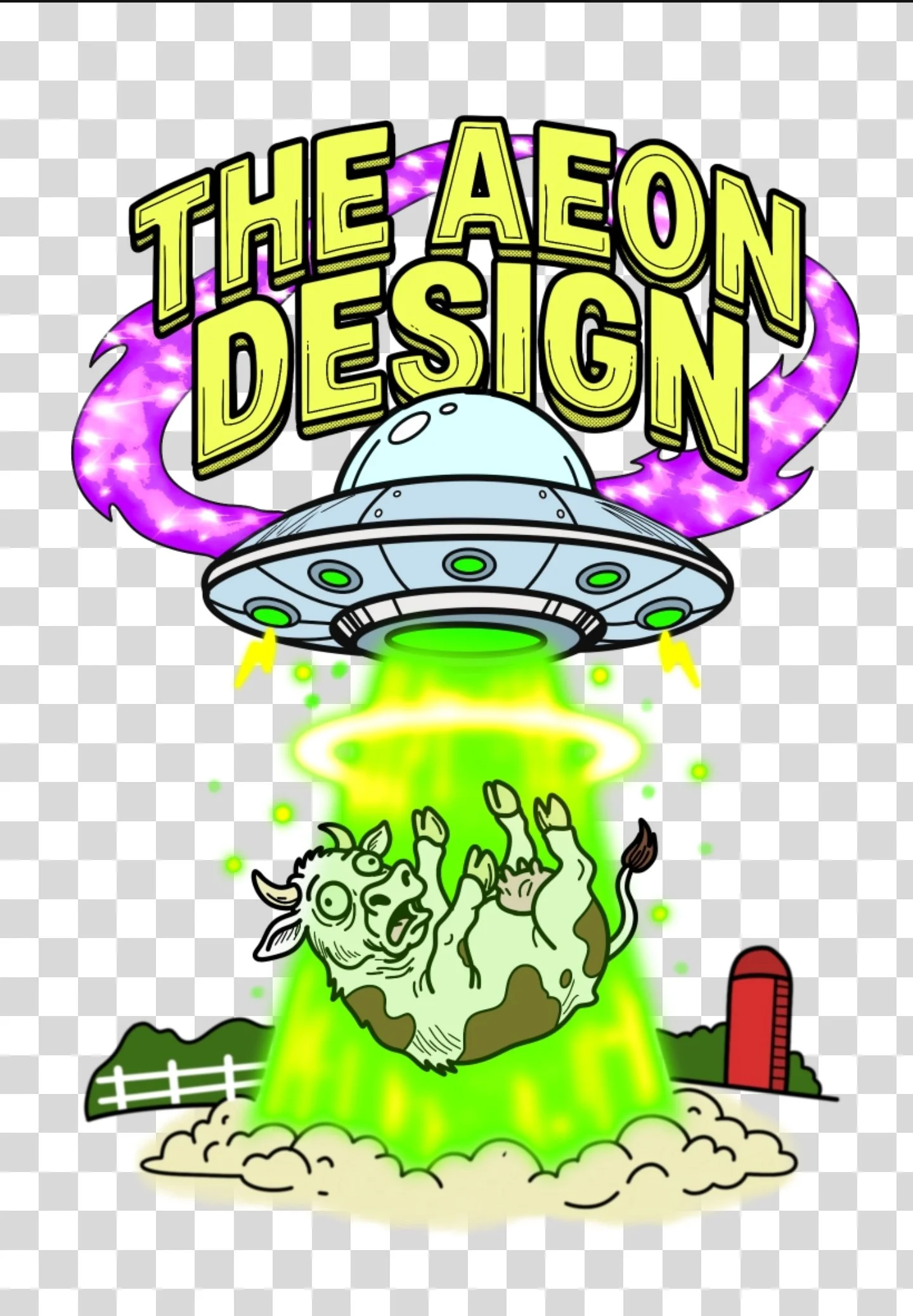 A cartoon-style depiction of a UFO emitting green laser beams that are hitting a small, green, grotesque monster with one eye, sharp teeth, and messy hair. The UFO has a purple and blue color scheme with lights, and the background includes a fence, a