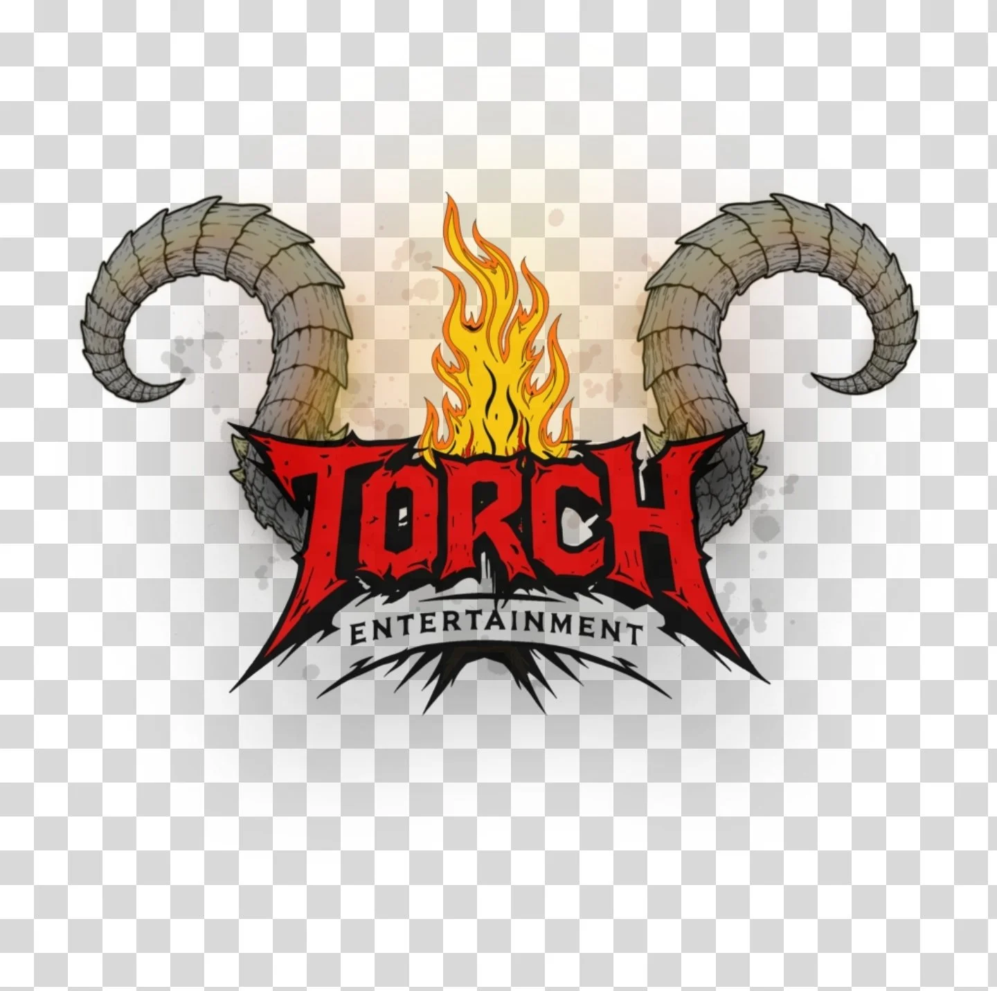 A logo for Torch Entertainment featuring a pair of large curved horns, a flame in the center, and the word 'Torch' in red, stylized text with black accents. The word 'Entertainment' is written below in black on a banner.