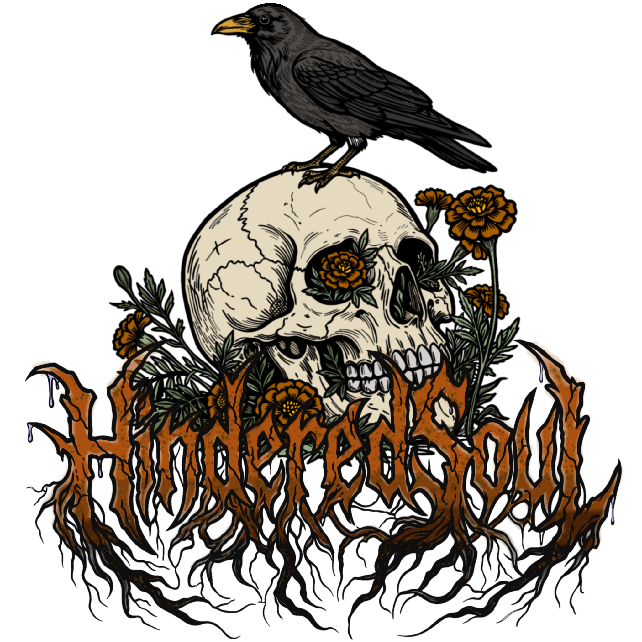An illustrated skull with flowers and a bird on top, set against a black background.