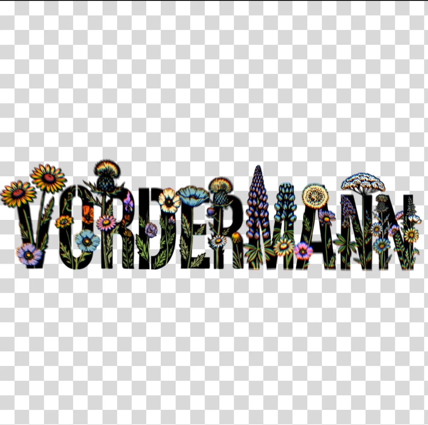 Colorful floral design spelling out the word "VORDERMANN" with various types of flowers and plants forming the letters.