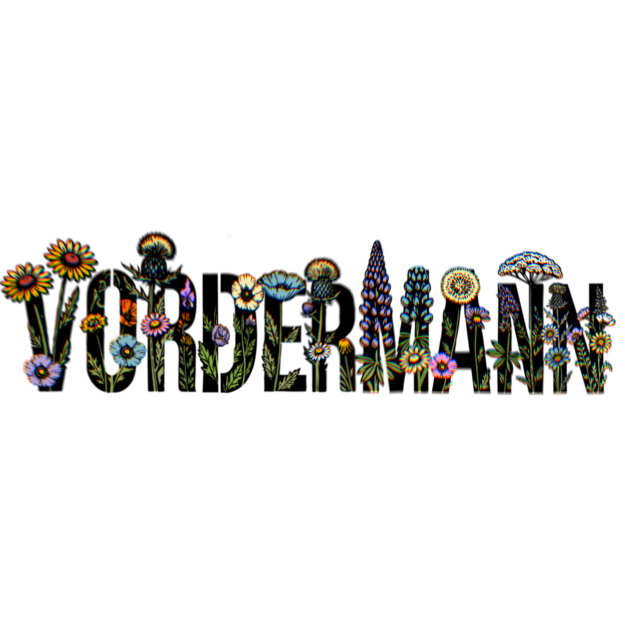 Colorful, digitally altered flowers in a line at the bottom of the image on a black background.