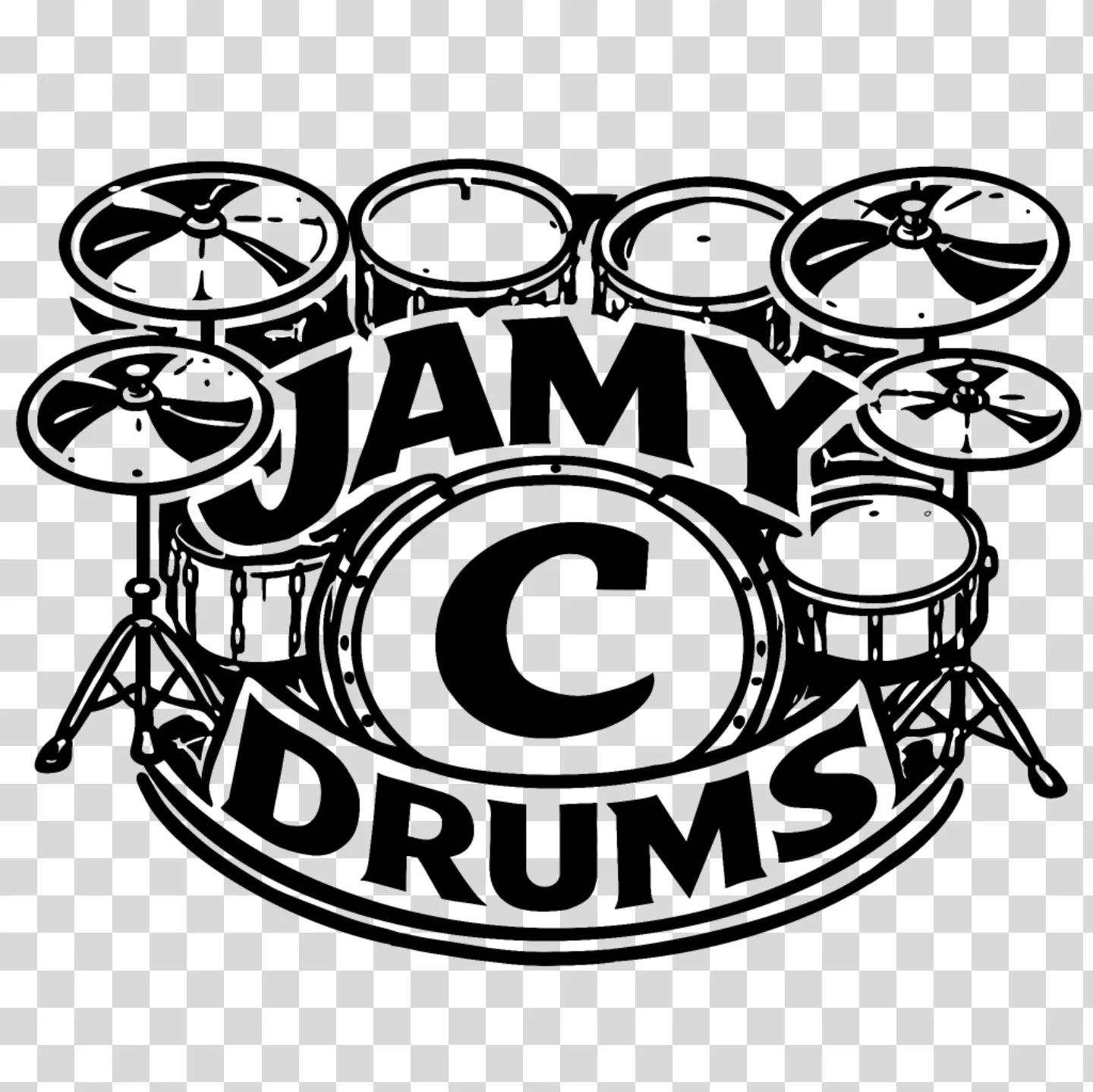 Black and white illustration of a drum set with the words "JAMY DRUMS" on the bass drum and the drums arranged around it.