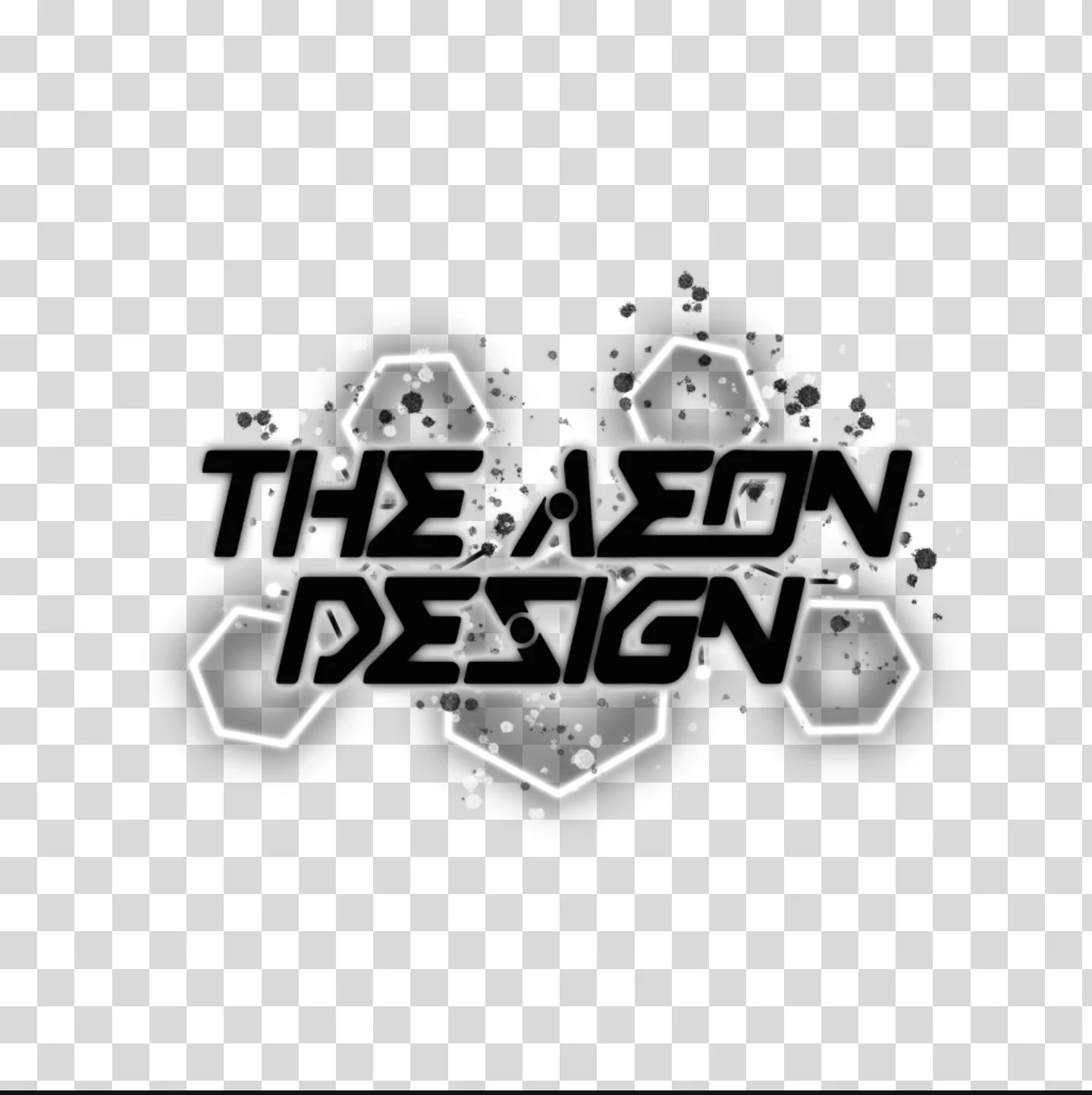 Text that reads "The Aeon Design" with hexagon shapes and a splattered black ink background.