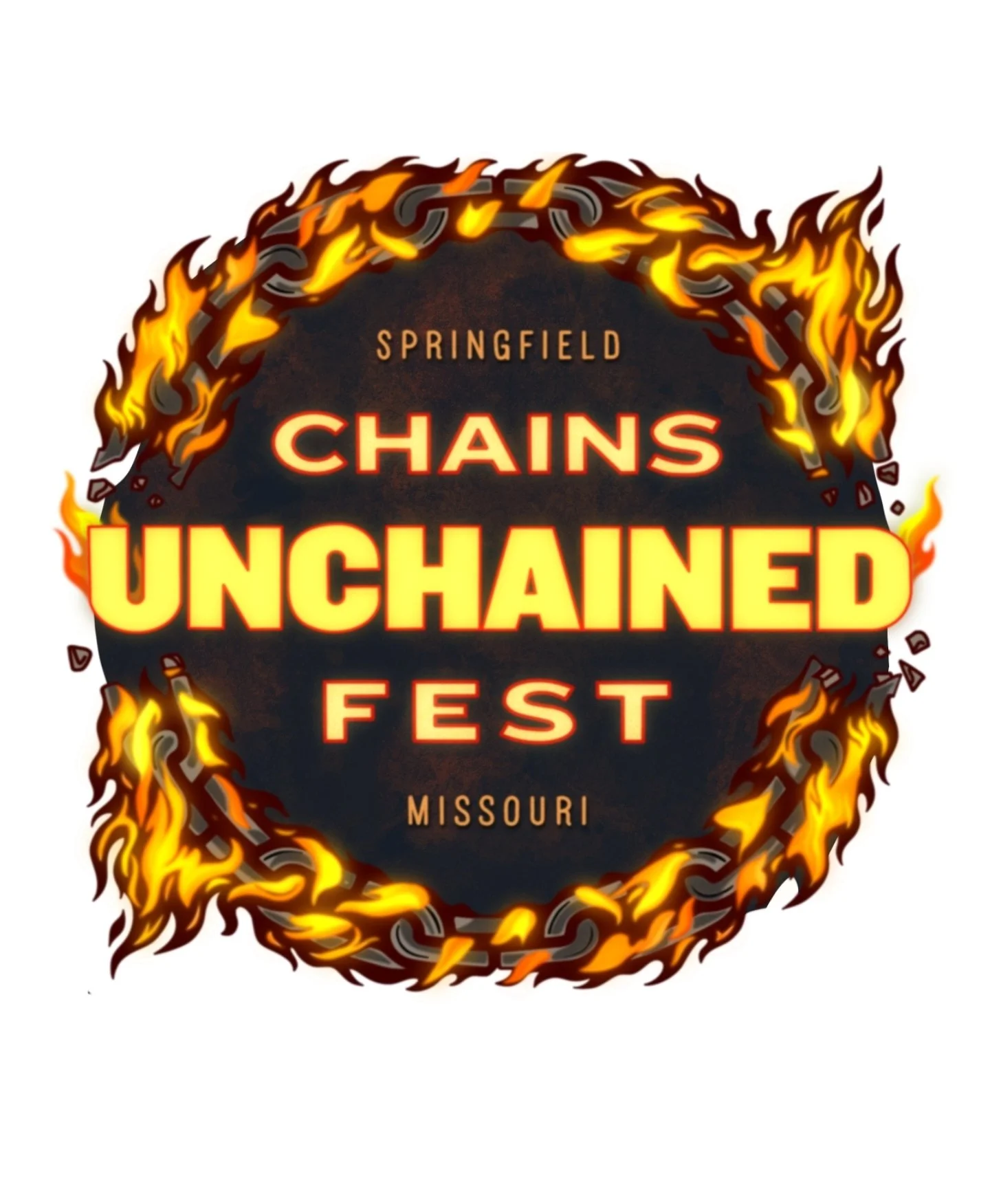 Event poster with a black circle surrounded by orange and yellow flames, featuring text that says "Springfield Chains Unchained Fest, Missouri."