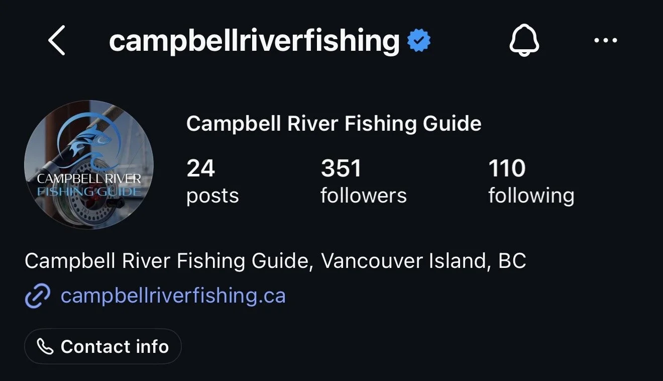 Instagram profile of Campbell River Fishing Guide with a logo of a fish and fishing reel, showing 24 posts, 351 followers, and 110 following, based in Vancouver Island, BC.