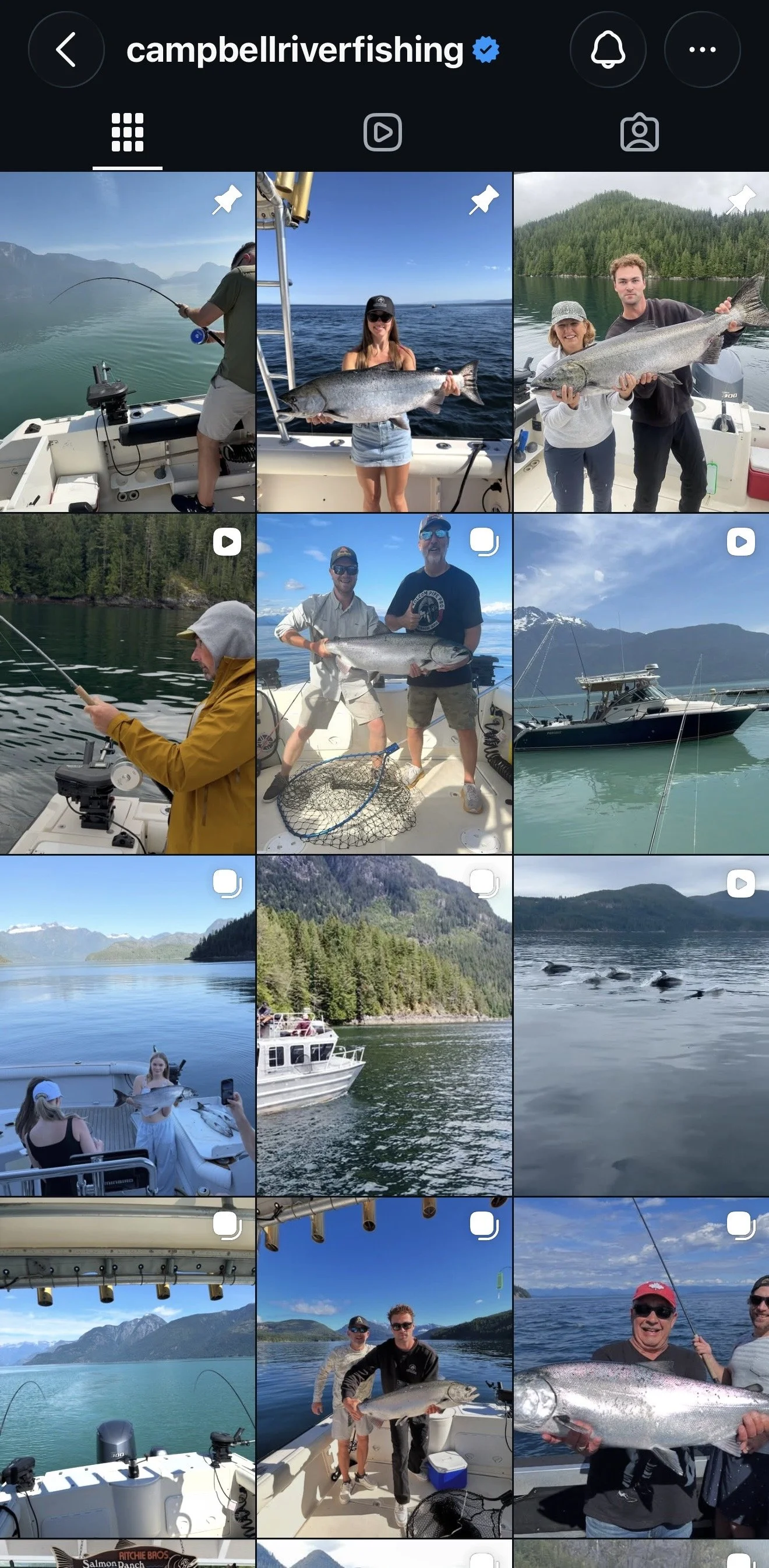 Screenshots of people fishing and holding large fish on boats in scenic water locations with mountains and forests.