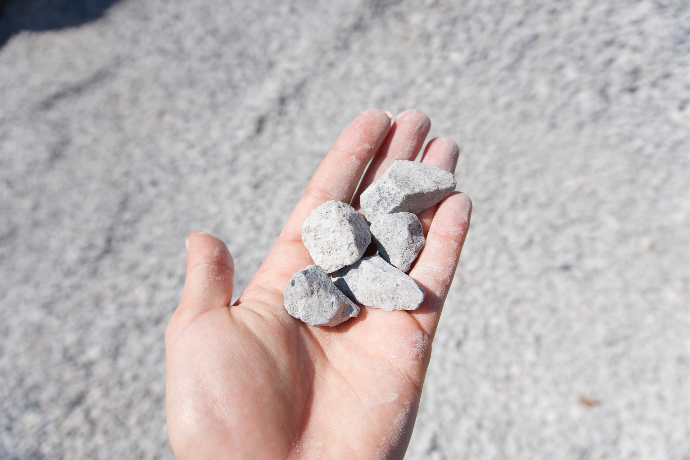 A hand holding several small, irregularly shaped gray stones with a textured surface against a blurred background of gray gravel or stone surface.