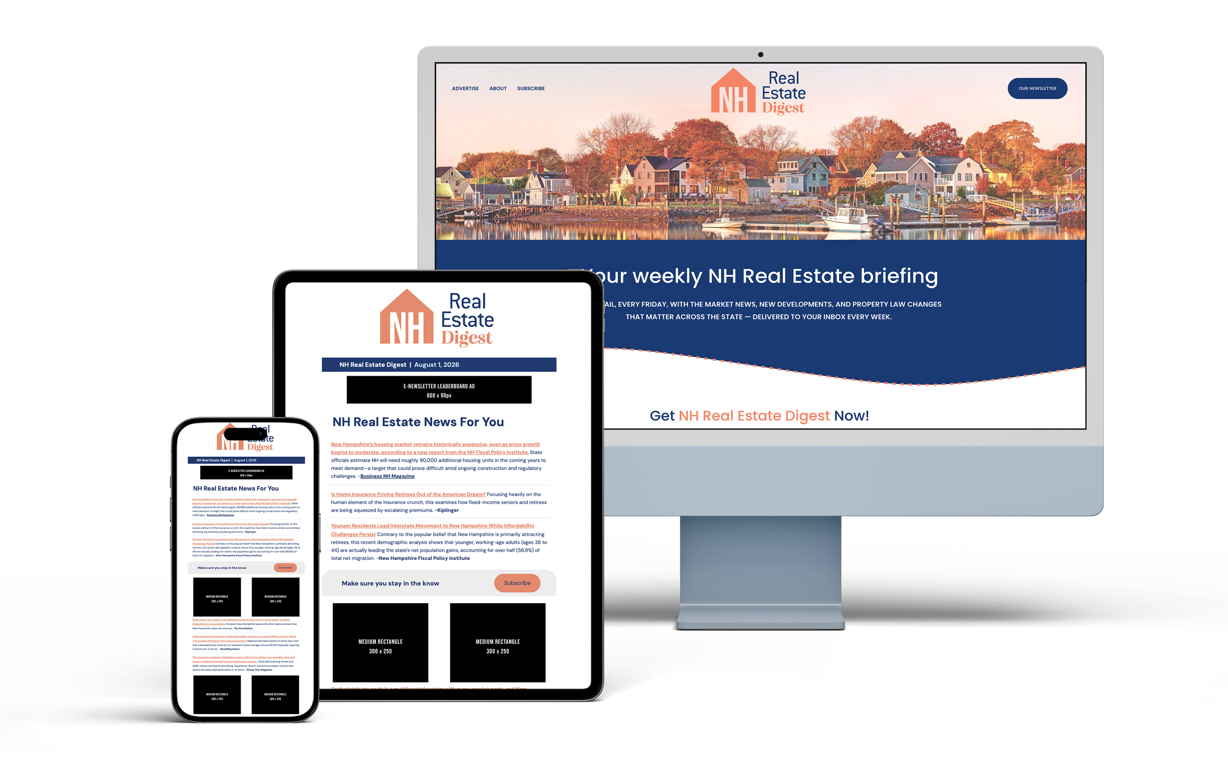 Responsive website preview for NH Real Estate Digest on multiple devices including desktop, tablet, and smartphone, showing a header with images of houses, a newsletter subscription form, and article previews about New Hampshire real estate.