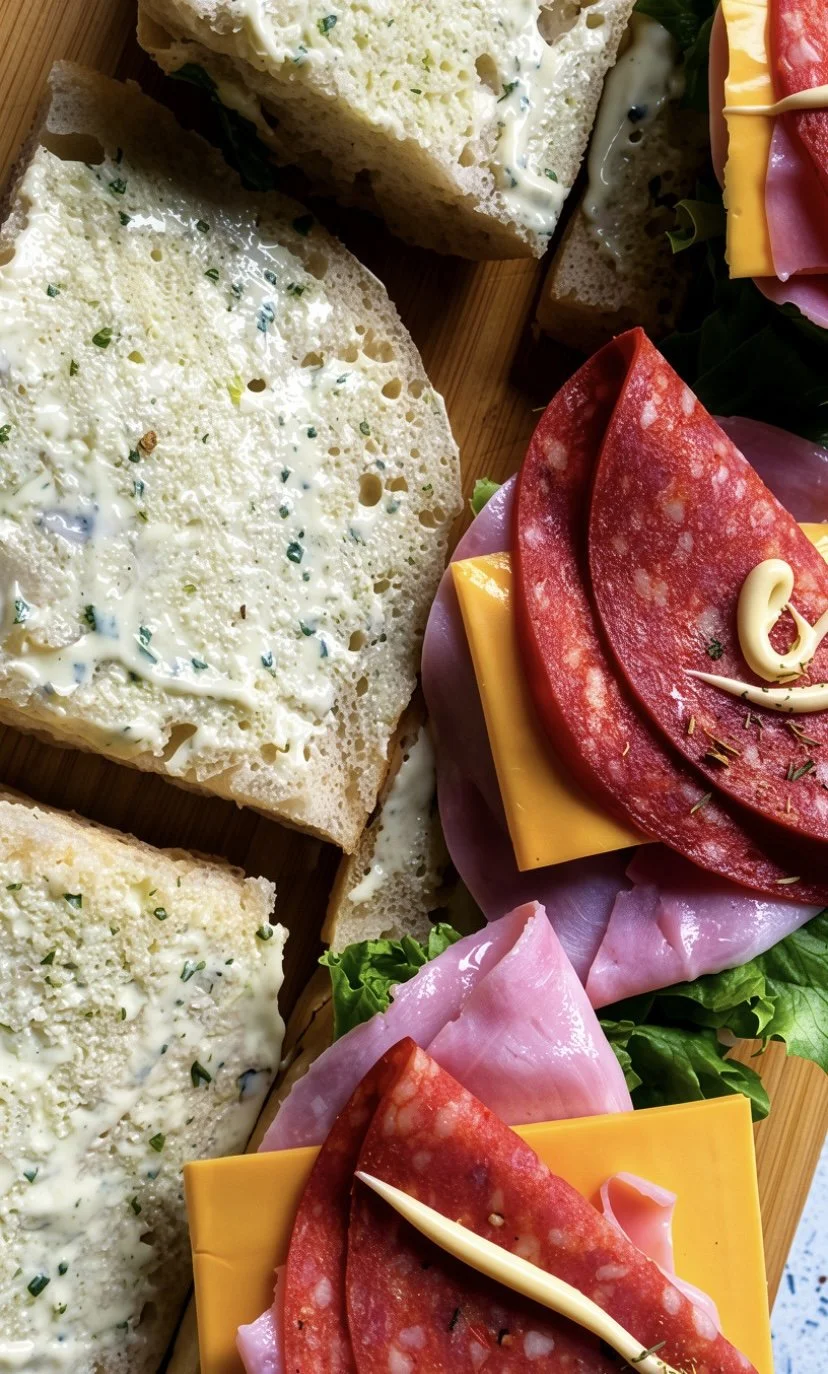 Close-up of sliced bread with herb butter spread, and arranged slices of ham, cheddar cheese, pepperoni, and lettuce on a wooden surface.