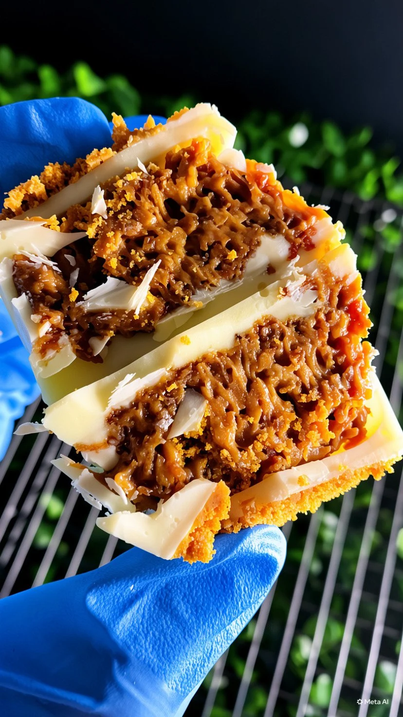 Close-up of a layered white chocolate white and caramel or toffee layered candy bar with crunchy topping, held in a blue glove over a grill with green foliage in the background.