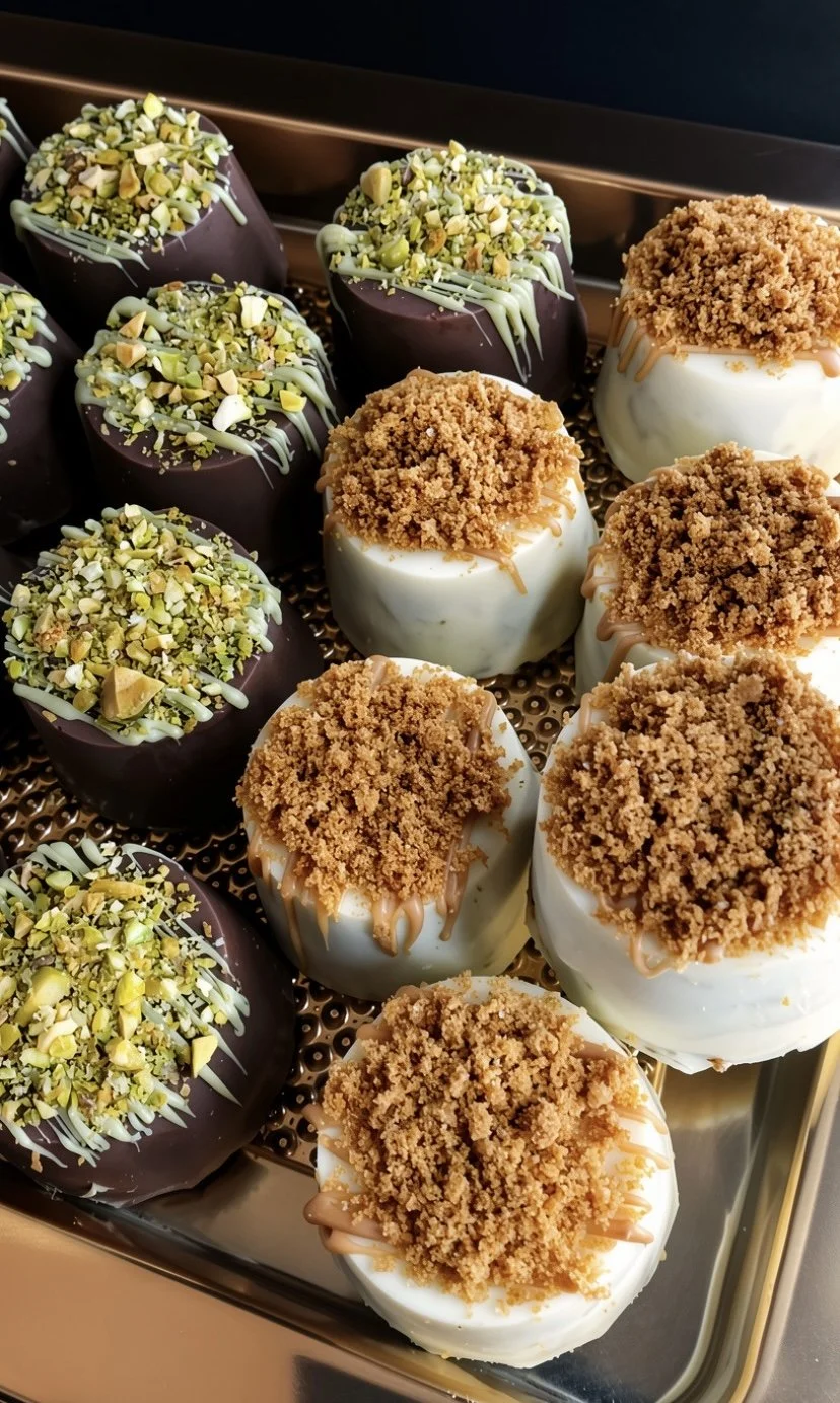 Assorted gourmet truffles with pistachio, white, and caramel toppings on a tray.