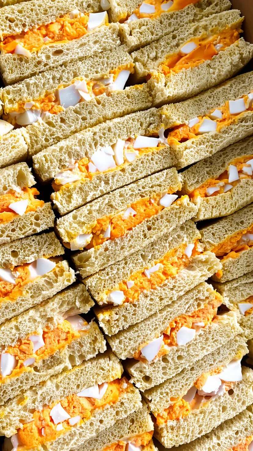 Close-up of multiple sliced egg salad sandwiches stacked together, featuring chopped hard-boiled eggs, mayonnaise, and bread.