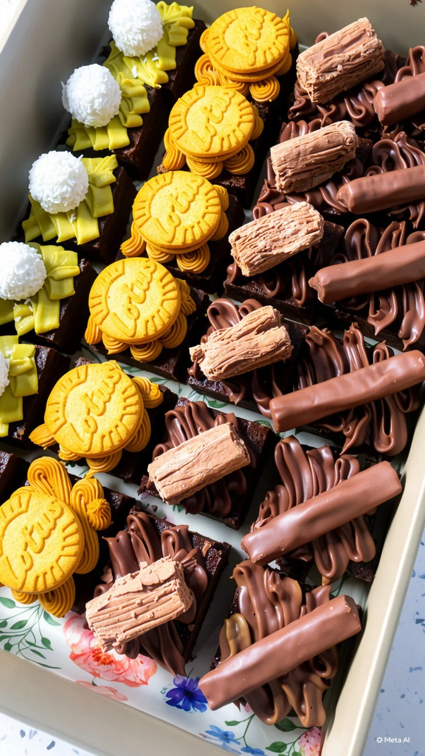 Assorted decorated chocolate and cookie desserts arranged on a tray, featuring yellow cookie discs, white coconut-covered confections, and chocolate log-shaped treats with various frosting decorations.