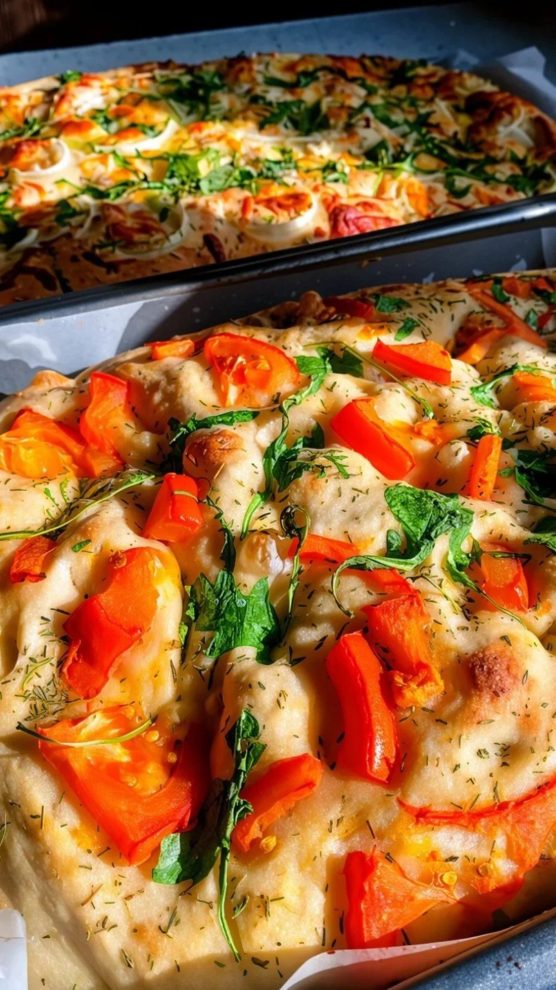 Fresh homemade pizza with melted cheese, red bell peppers, herbs, and greens on top.