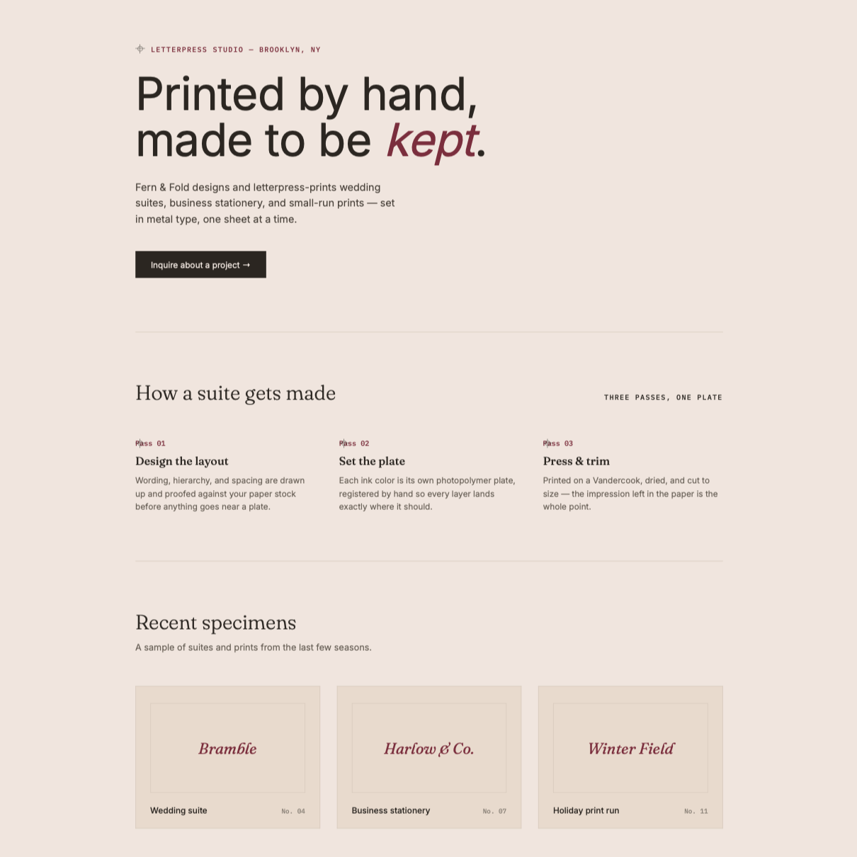A website homepage for Letterpress Studio in Brooklyn, NY, advertising handcrafted letterpress printing services, including process steps and sample prints of completed suites. The page features a headline, call-to-action button, and sections detailing the workflow with descriptions and sample images of different prints.
