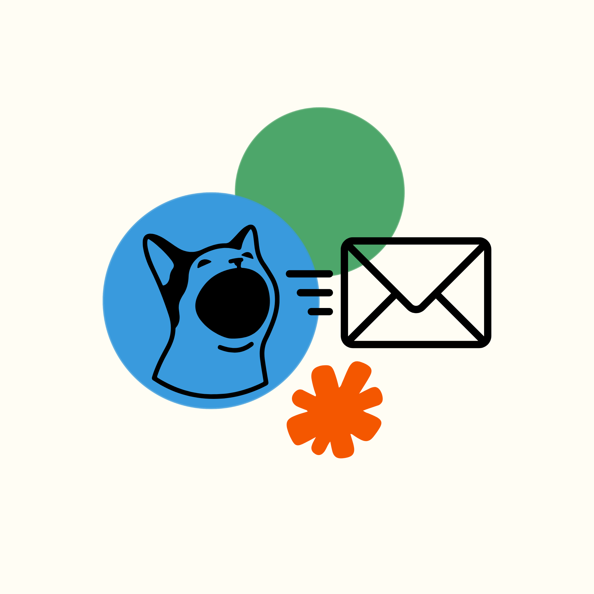 Illustration of a dog, envelope, orange explosion, and plus signs in a minimalistic style.