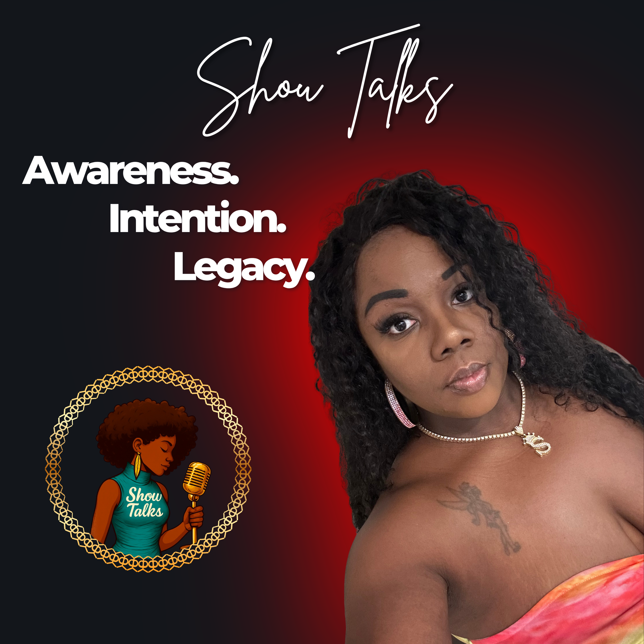 Part of a woman with curly black hair, wearing a pink and orange strapless dress, and a necklace with a pendant. The background contains a logo with an illustration of a woman with curly hair and a microphone, and the words "Show Talks".