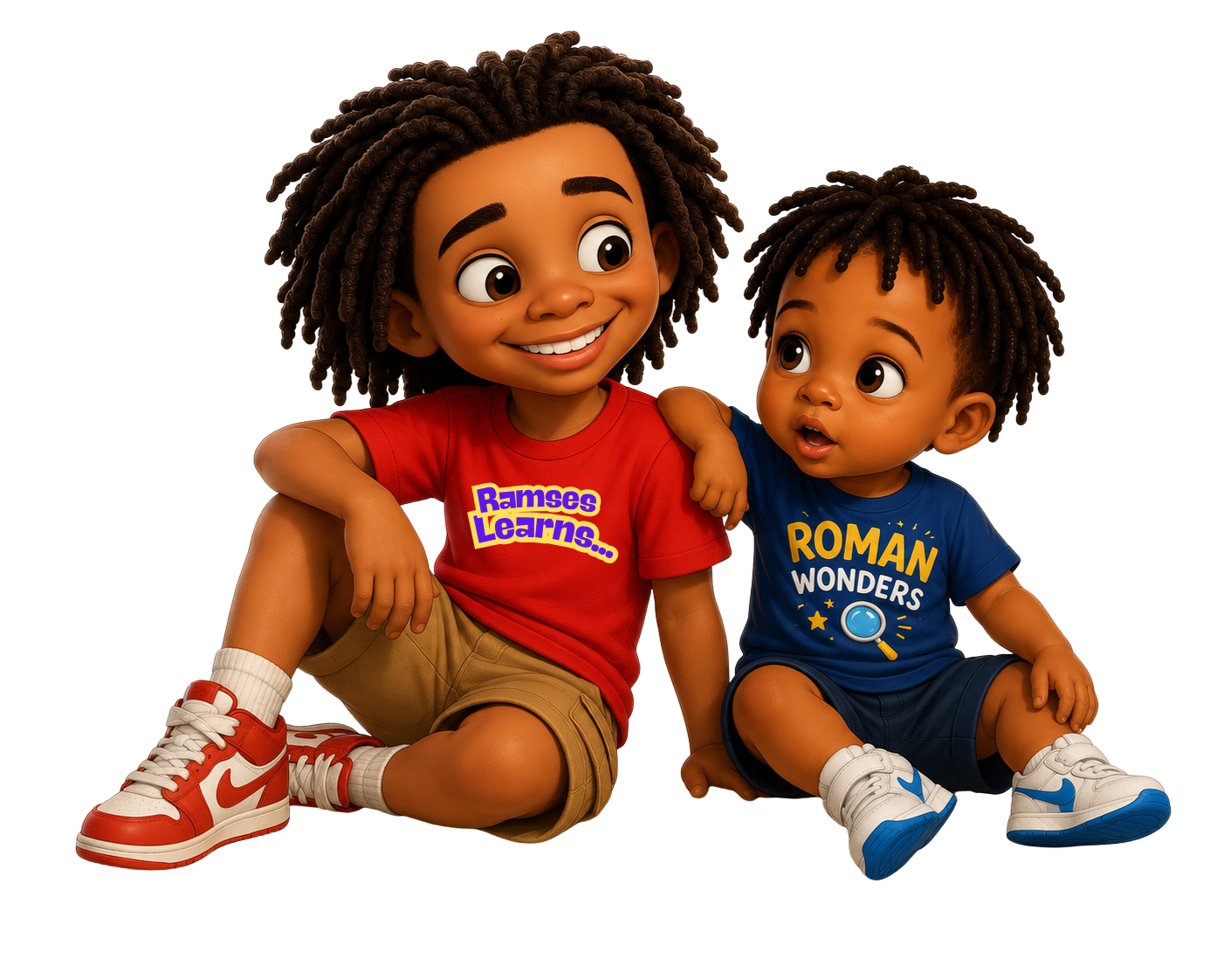 Two young children sitting together, one smiling and the other looking surprised, wearing colorful t-shirts with educational themes, and sneakers.