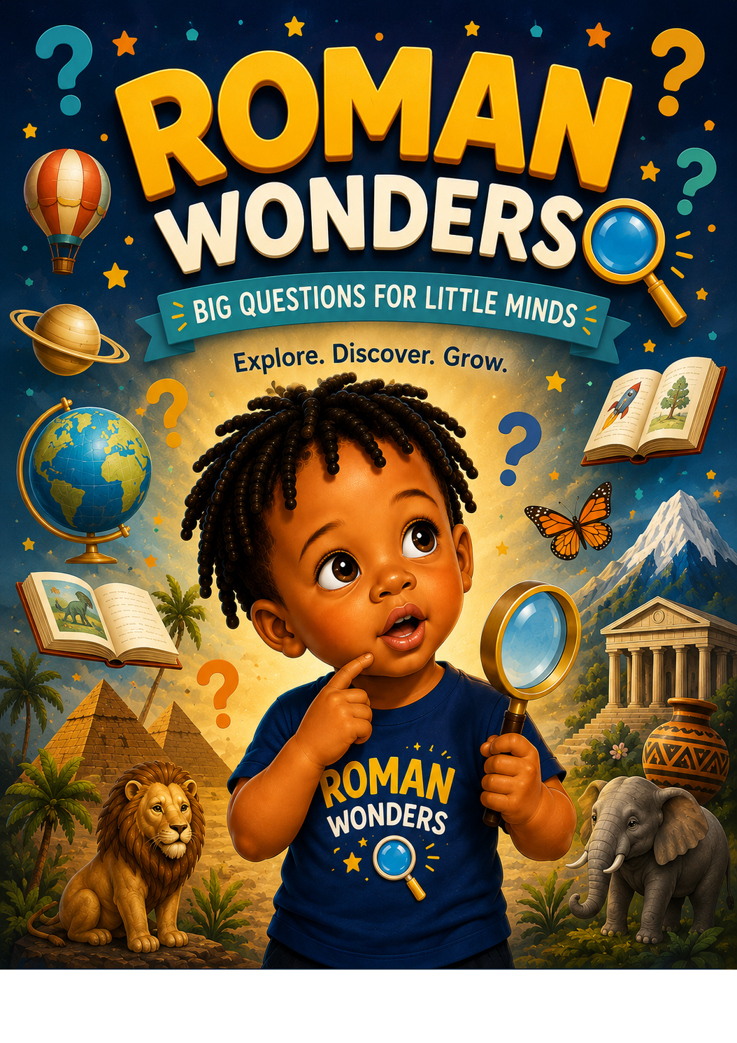Cover of a children's book titled "Roman Wonders" depicting a young child holding a magnifying glass, surrounded by illustrations of historical and cultural landmarks, animals, and scientific symbols, with a background of pyramids, dinosaurs, and mountains.