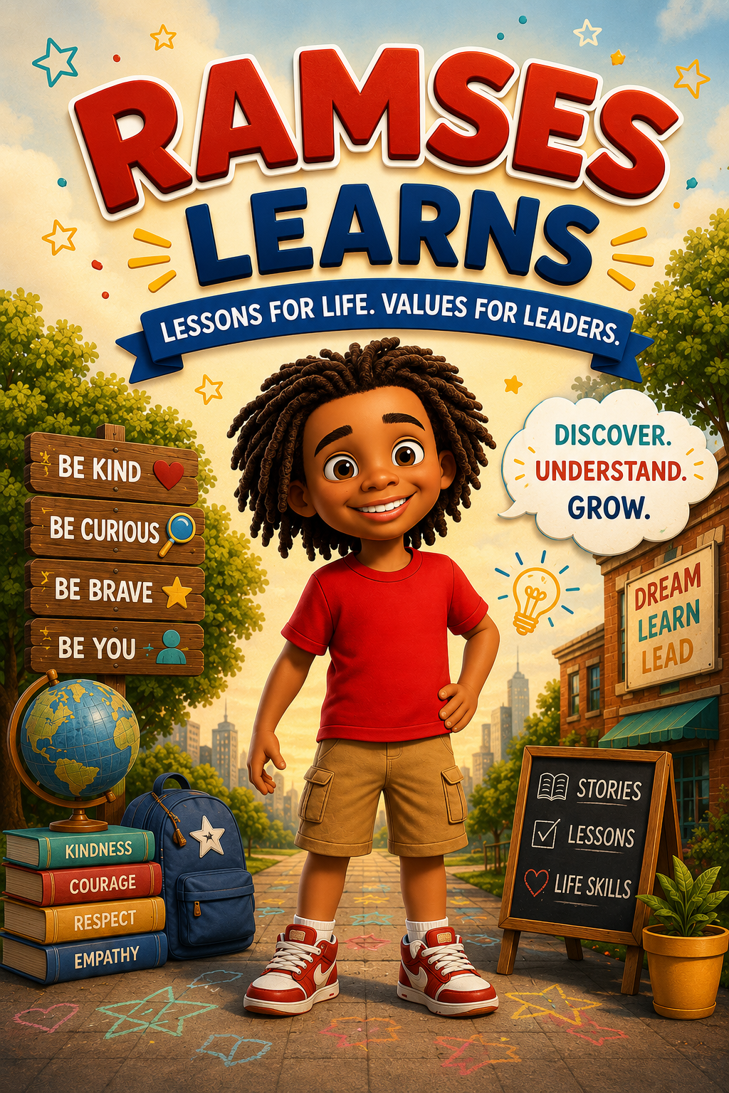 A cartoon boy with curly hair smiling and standing outdoors on a city sidewalk surrounded by trees and buildings, with educational posters and items about kindness, curiosity, bravery, respect, and empathy. A chalkboard sign lists stories, lessons, and life skills. The background includes a sign with the words "Ramses Learns" and a banner reading "Lessons for Life. Values for Leaders."